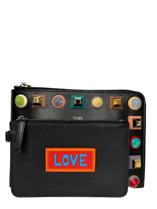 Fendi Black Leather Studded Flat Clutch Bag and Love Mini Pouch