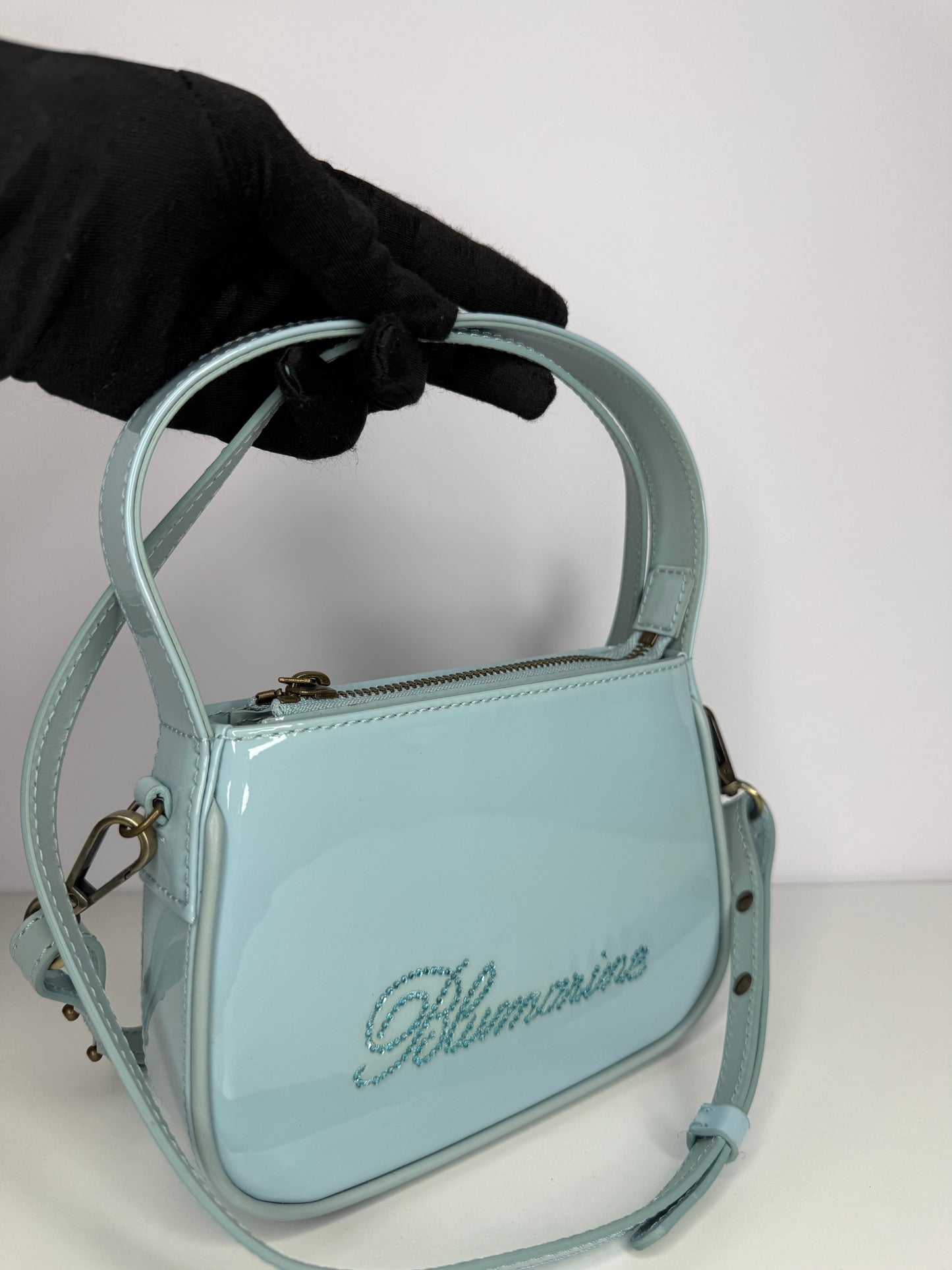 Blumarine Light Blue Patent Leather Crystal‑Logo Shoulder Bag