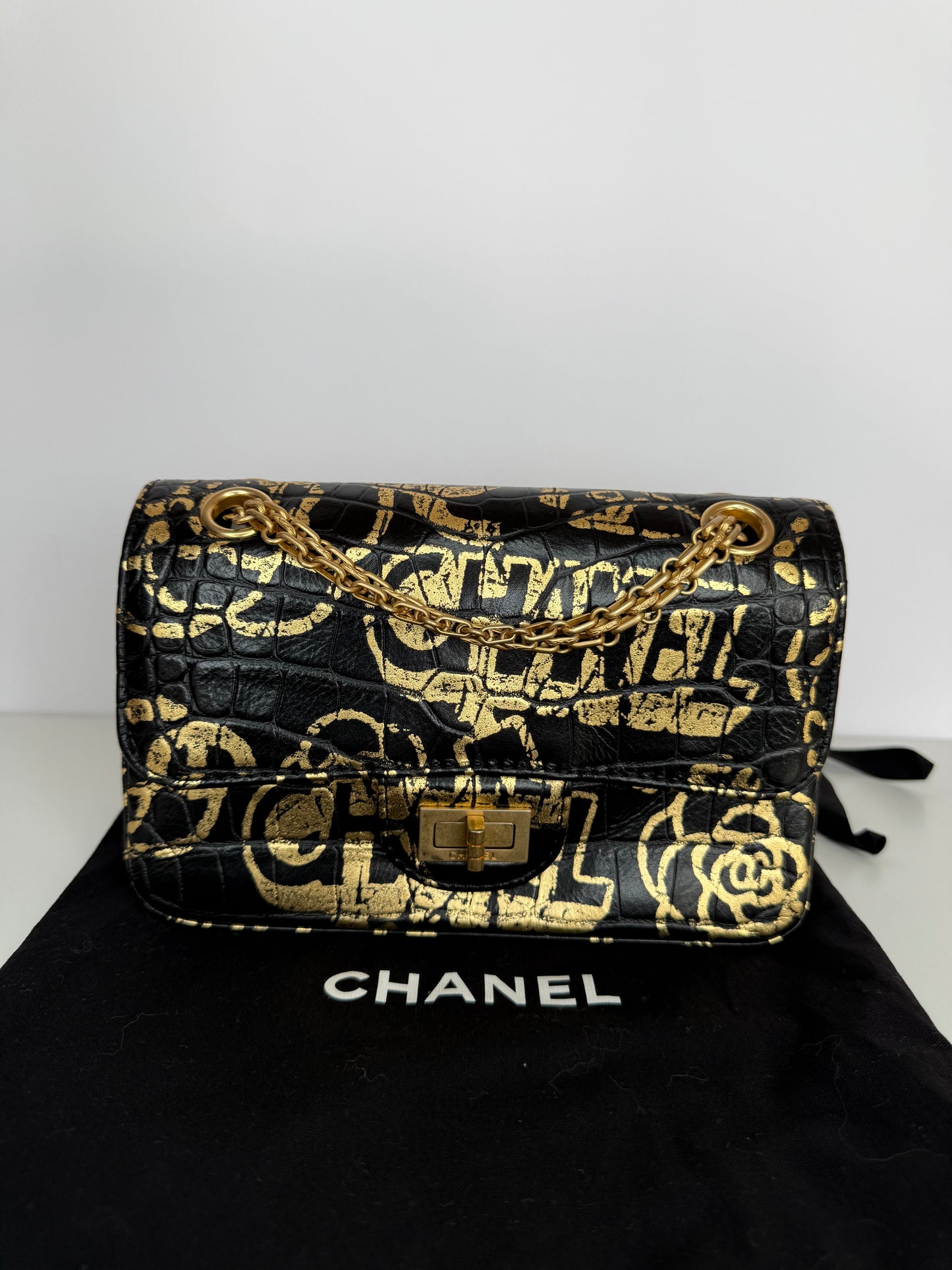 Chanel Reissue 2.55 Flap Bag Graffiti Crocodile Embossed Calfskin Mini