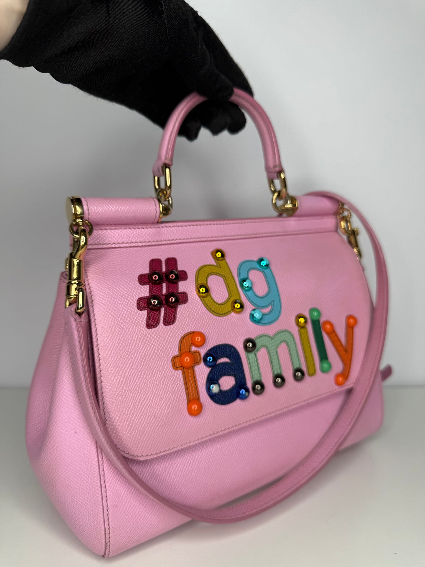 Dolce Gabbana Light Pink Dauphine Leather Medium Miss Sicily DG Family Patch