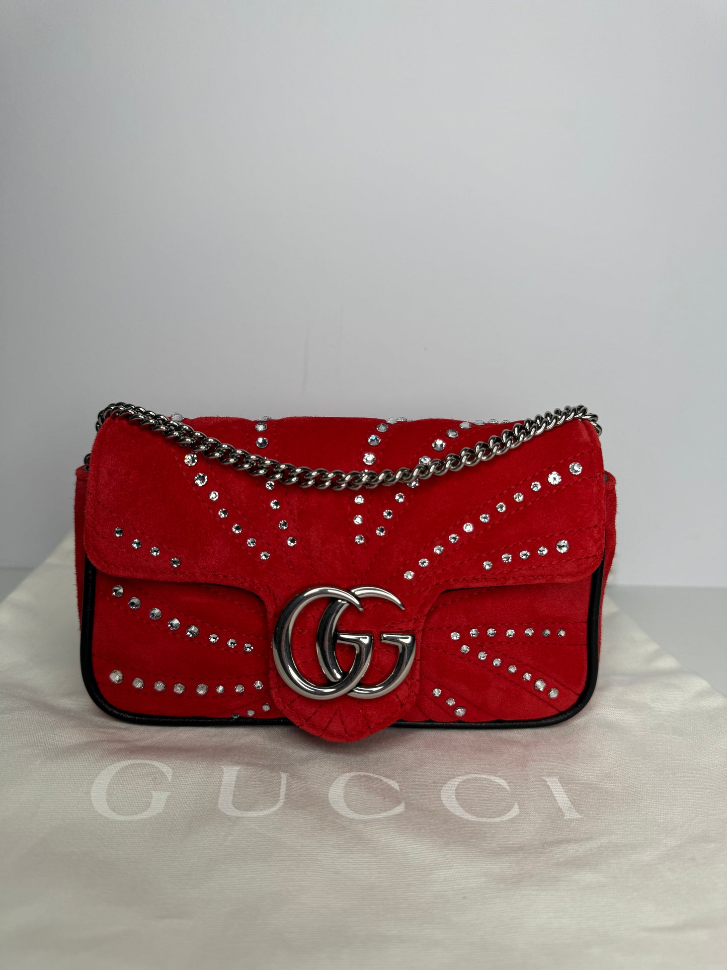 Gucci Limited Edition GG Marmont Super Mini Red Velvet Bag with Crystals