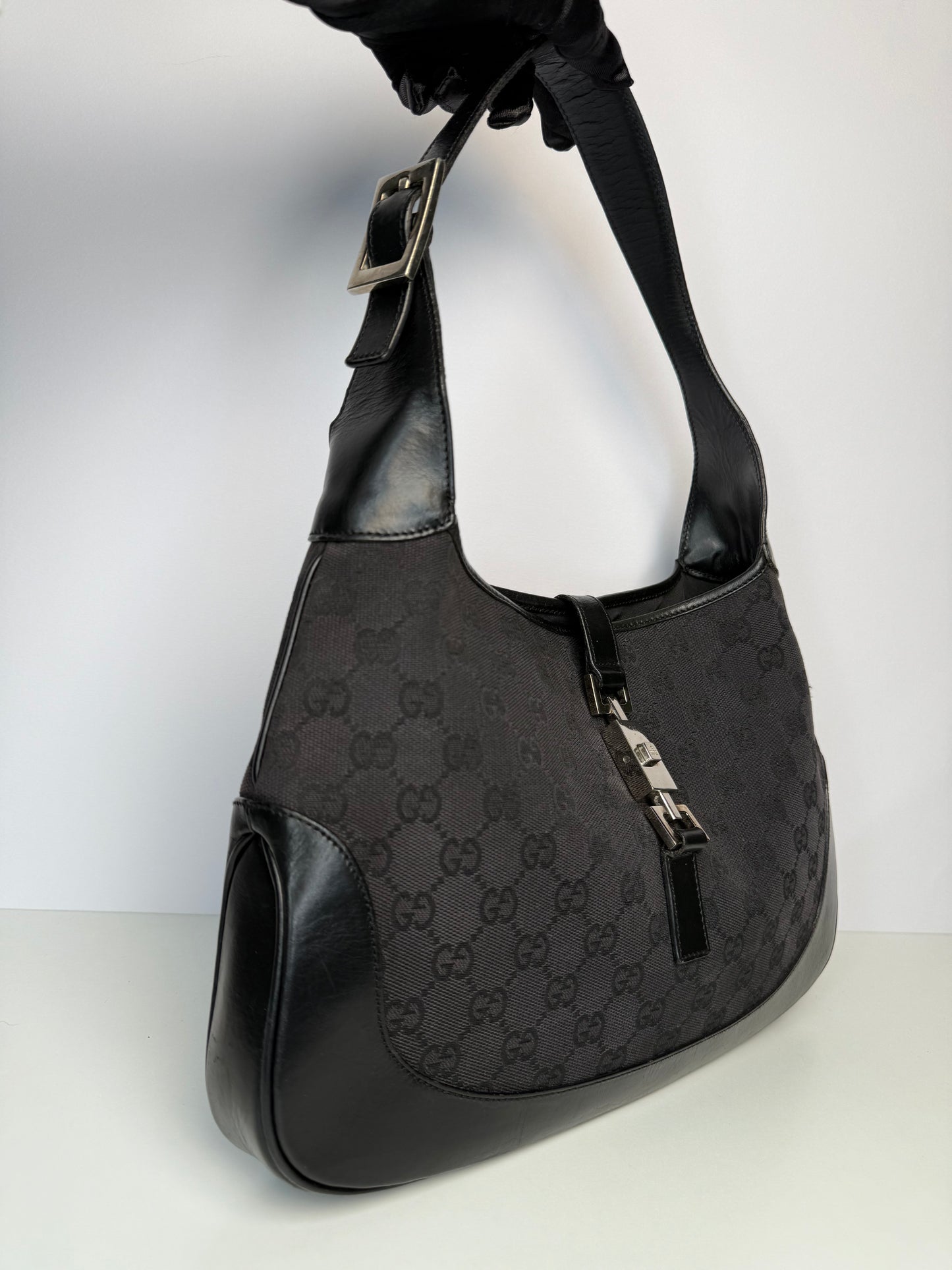 Gucci Black GG Canvas and Leather Small Jackie Shoulder Bag