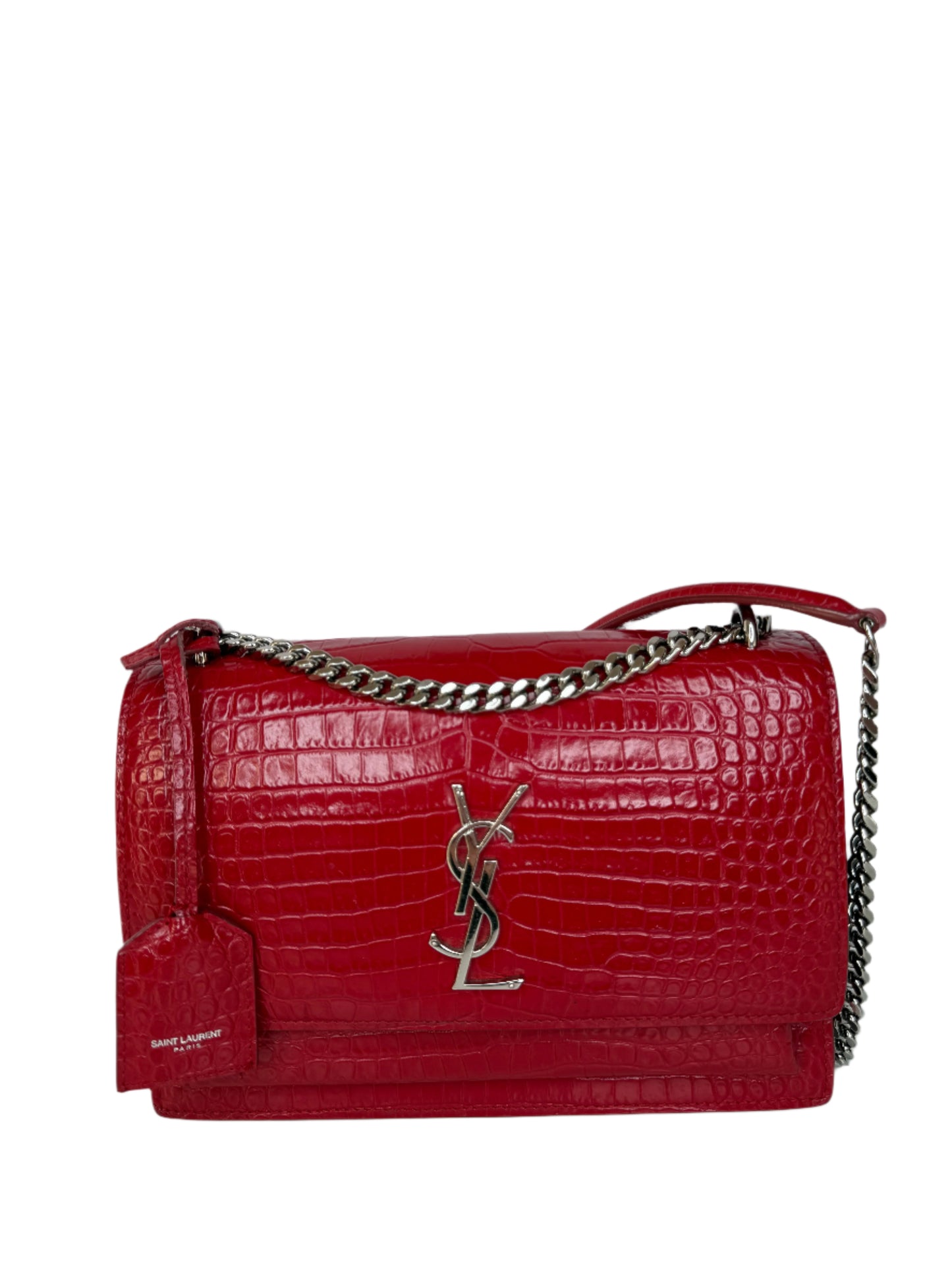 Saint Laurent Calfskin Crocodile Red Embossed Leather Medium Sunset