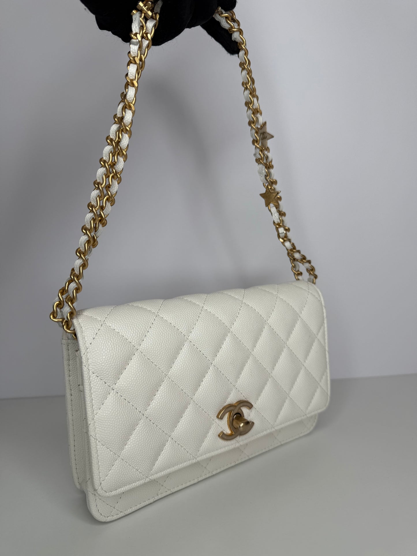 Chanel White Wallet on Chain Caviar Leather Charm Chain