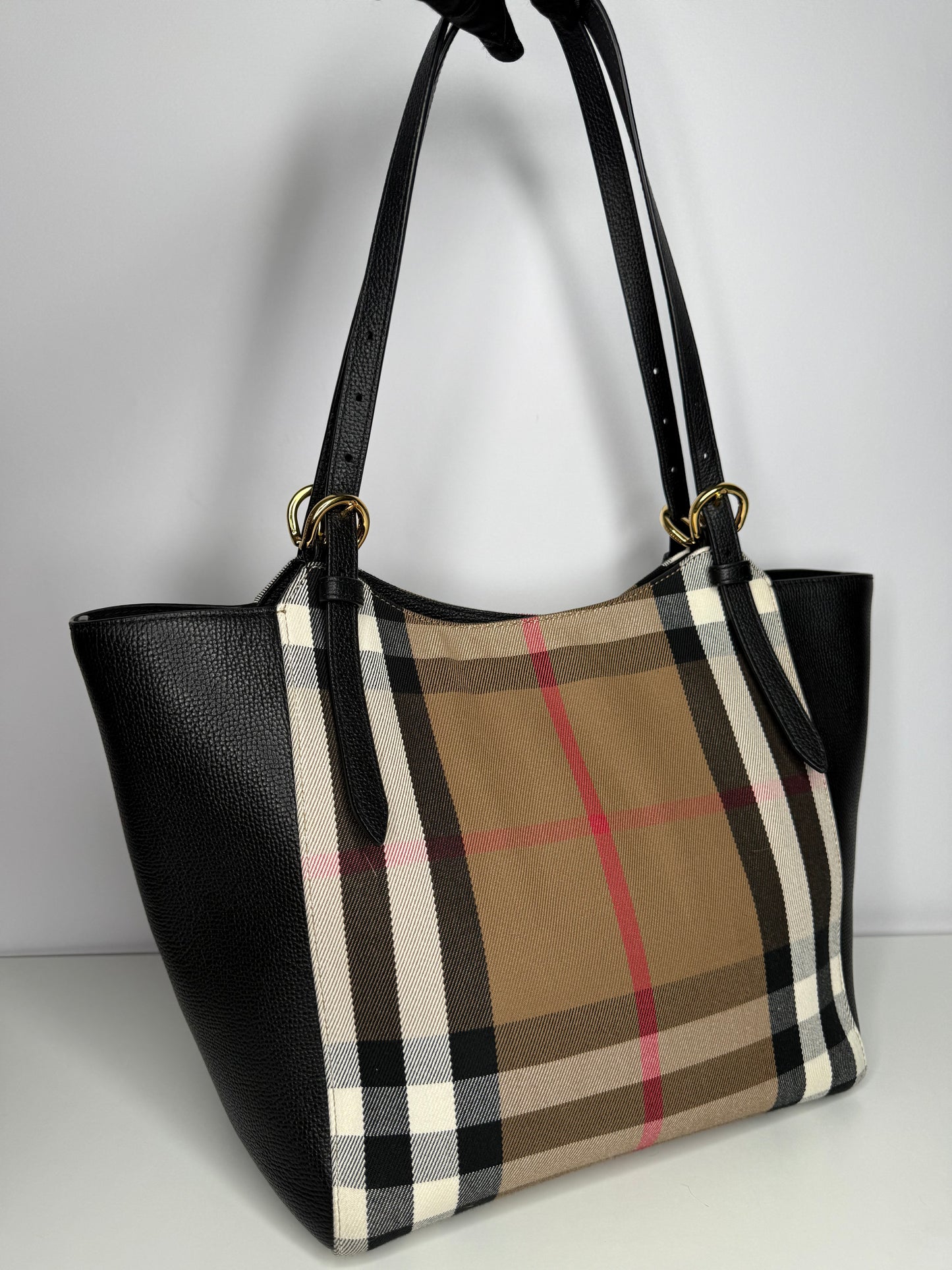 Burberry Black Leather and House Check Canvas Canterbury Tote Bag