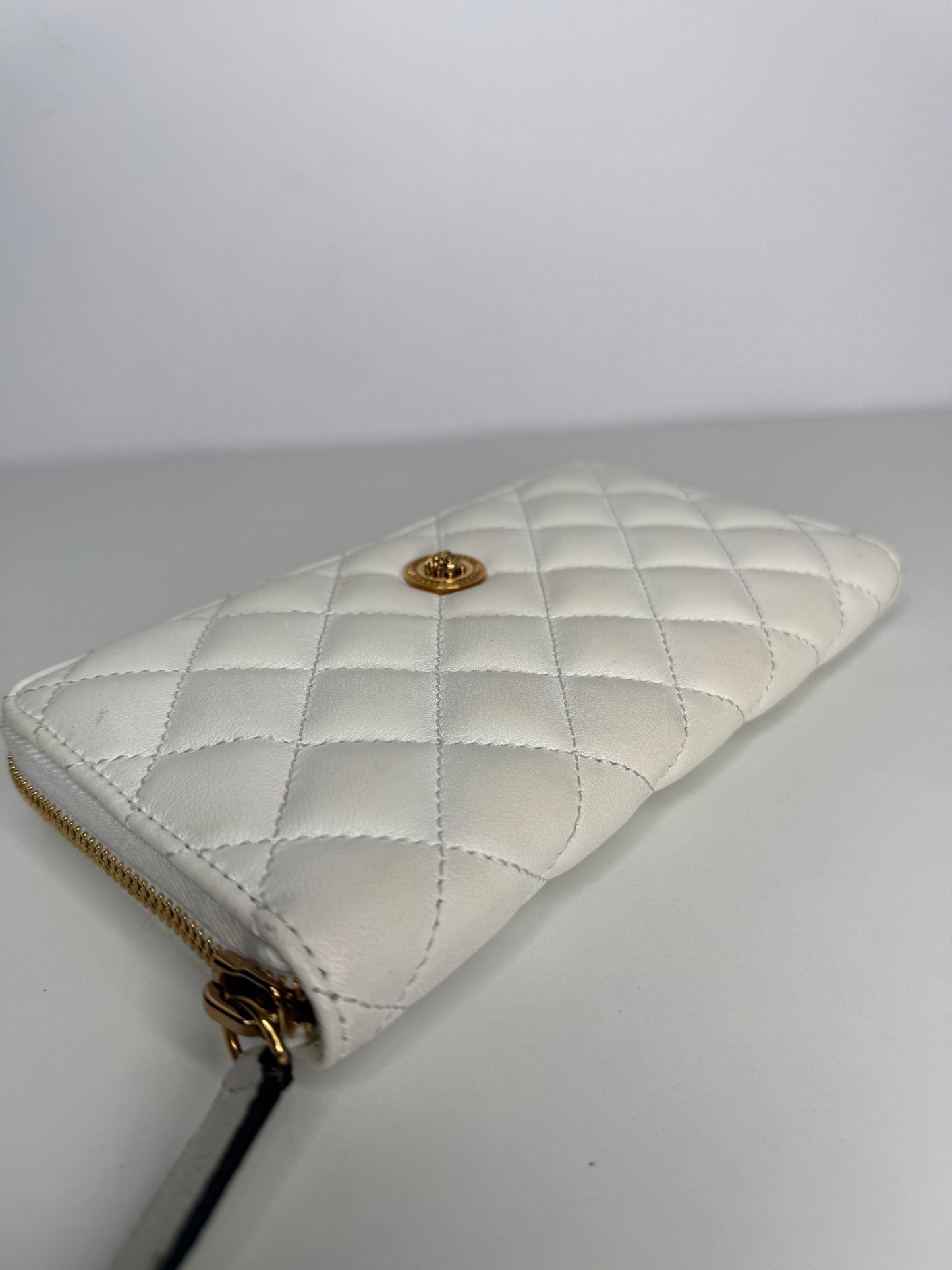 Versace La Medusa White Leather Quilted Zip Around Wallet