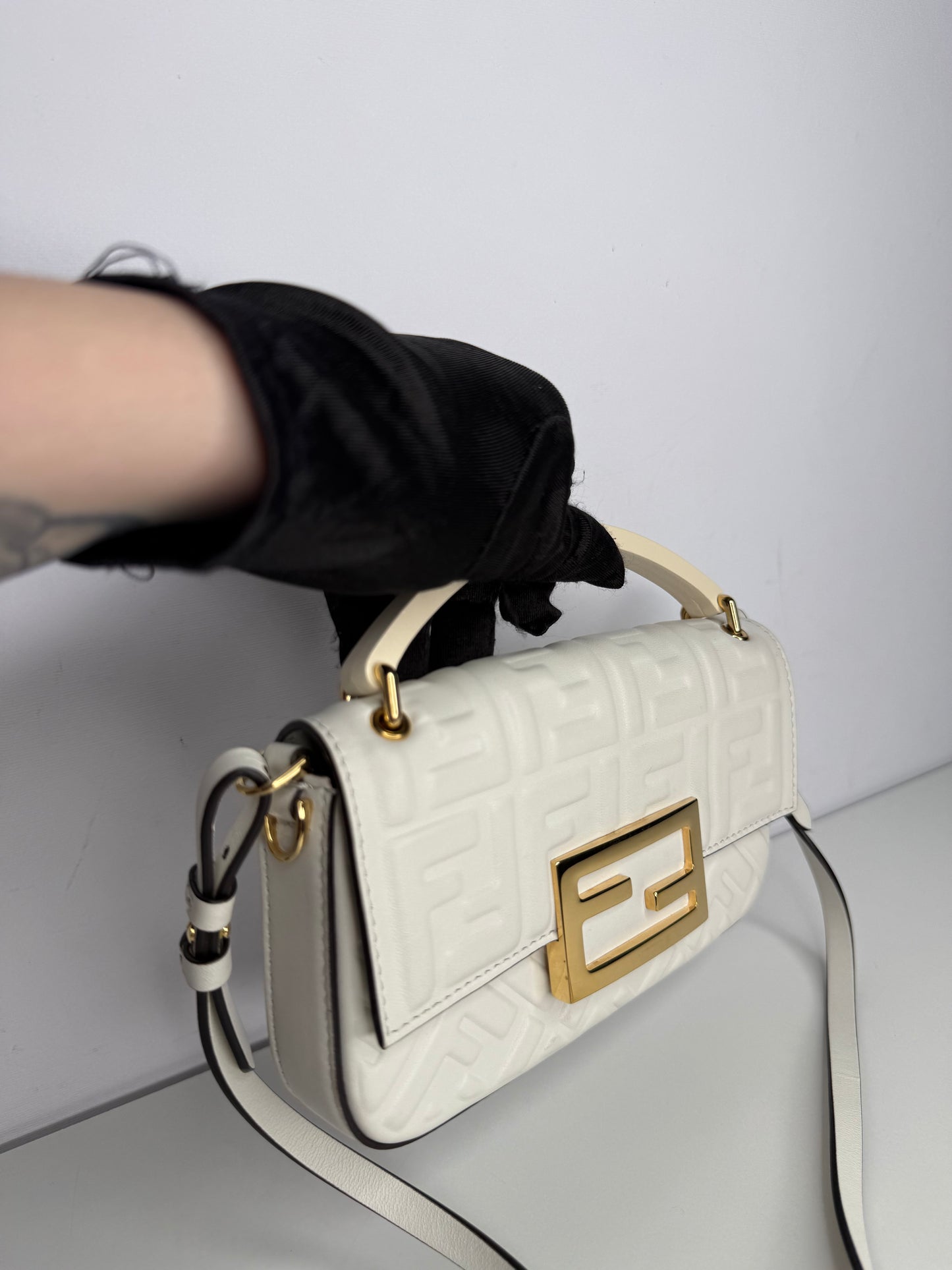 Fendi Nappa FF 1974 Embossed Mini Baguette White