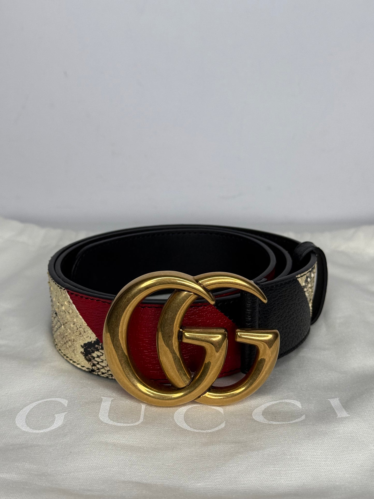 Gucci GG Marmont Black Leather Belt with Red/Beige Python Detail and Antique Gold Buckle