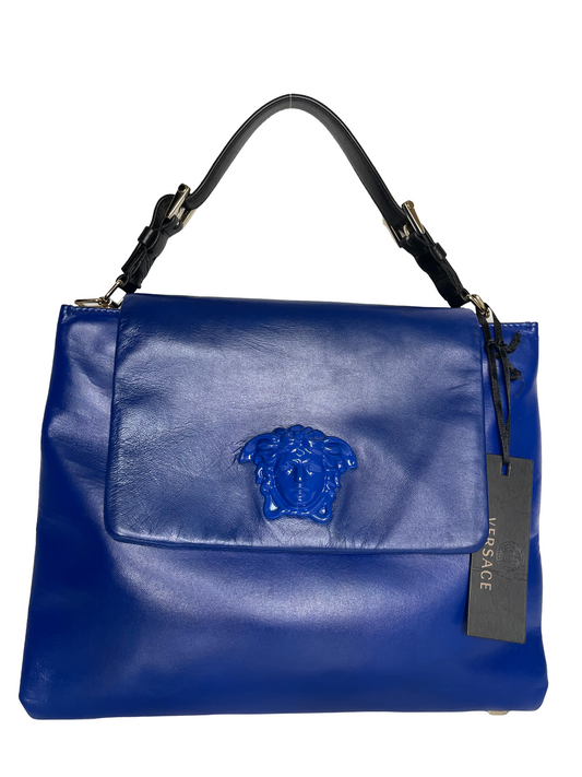 Versace Blue Leather Medusa Flap Top Handle Bag