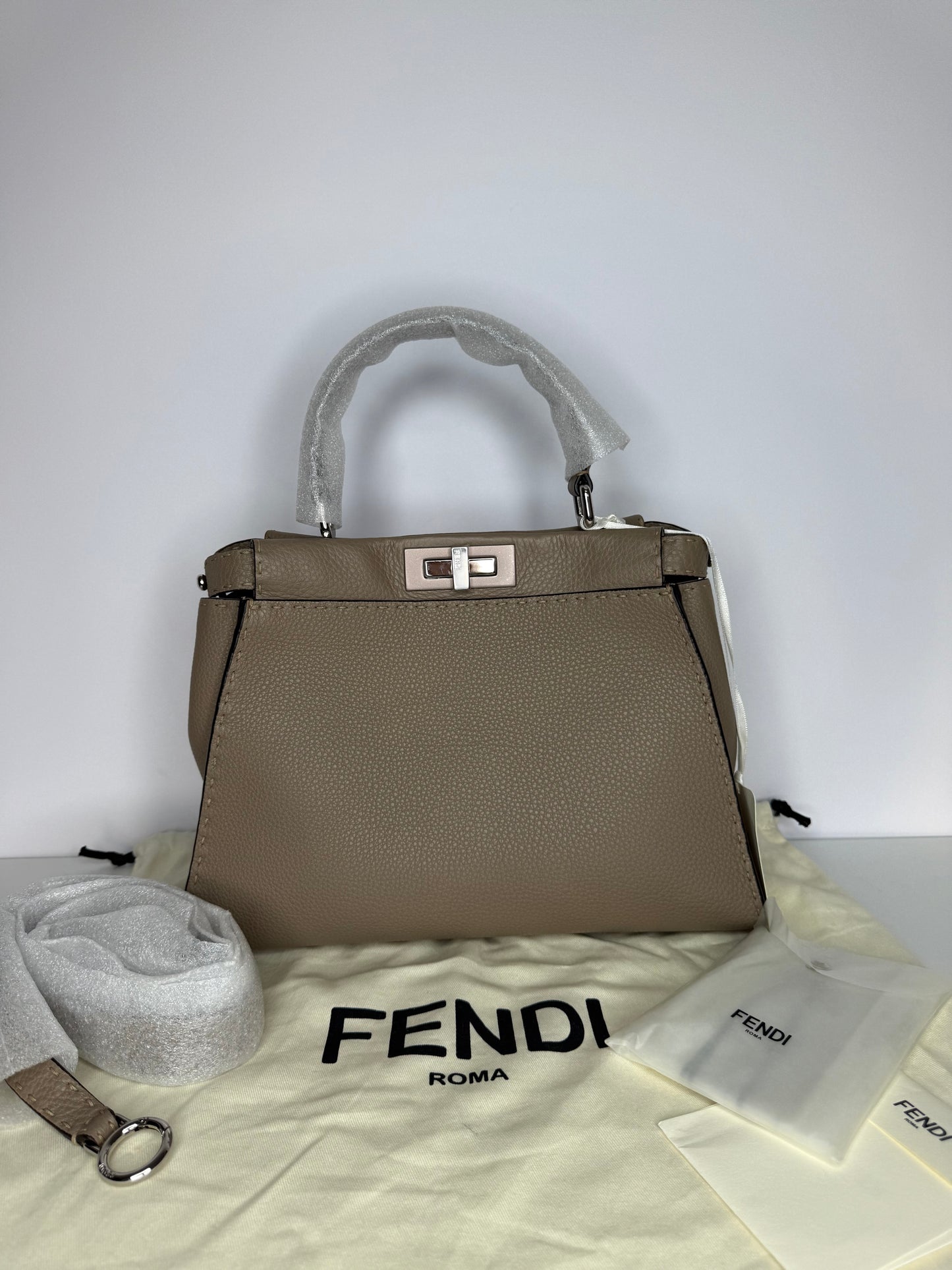 Fendi Peekaboo Regular Selleria 2Way Taupe Leather Handbag