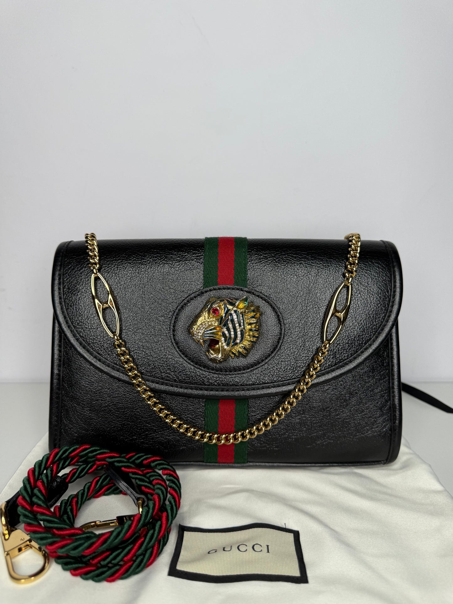 Gucci Rajah Tiger Black Leather Small Shoulder Bag Chain Web