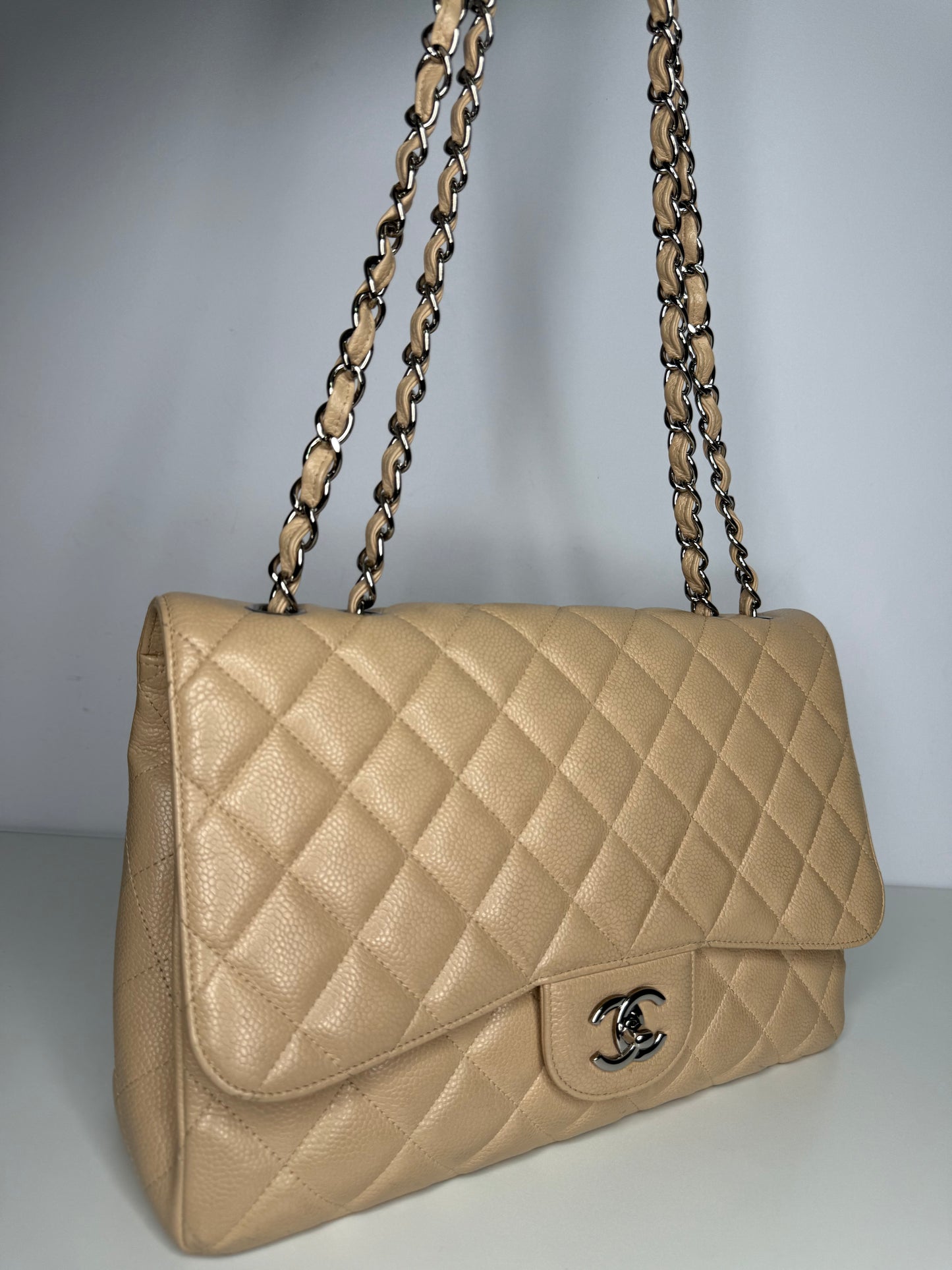 Chanel Jumbo Classic Single Flap Bag Beige Caviar Silver Hardware