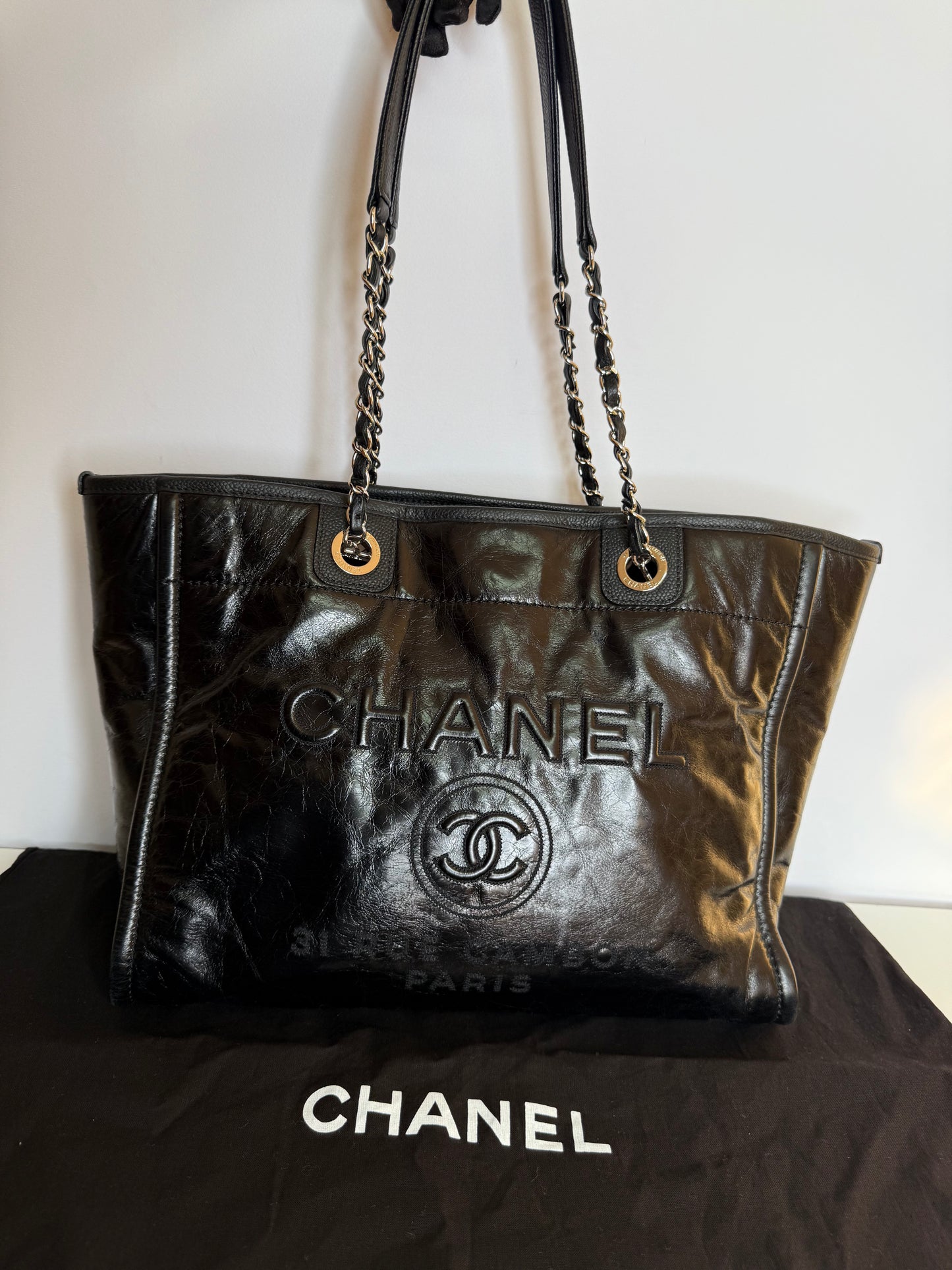 Chanel Black Glazed Leather Deauville Shopping Tote Bag