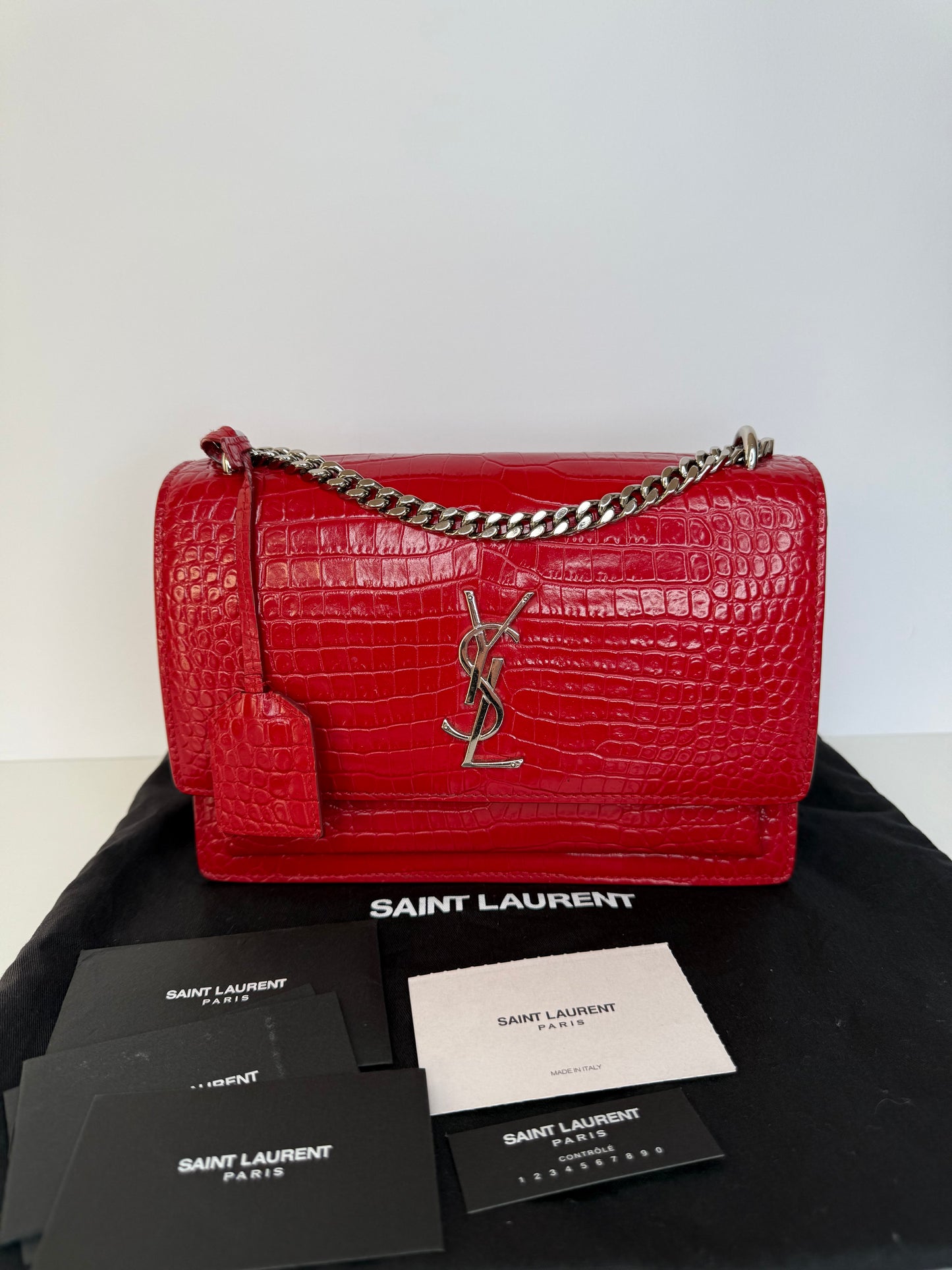 Saint Laurent Calfskin Crocodile Red Embossed Leather Medium Sunset