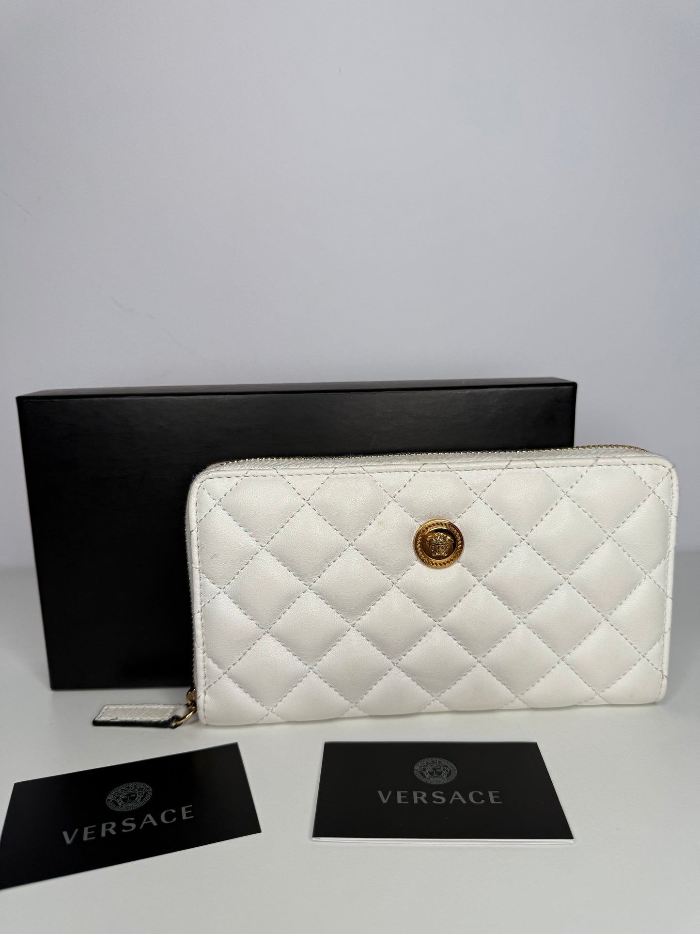 Versace La Medusa White Leather Quilted Zip Around Wallet