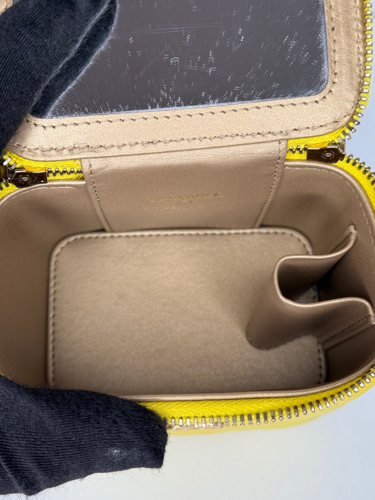 Chanel Yellow Lambskin Quilted Pearl Crush Mini Vanity Case