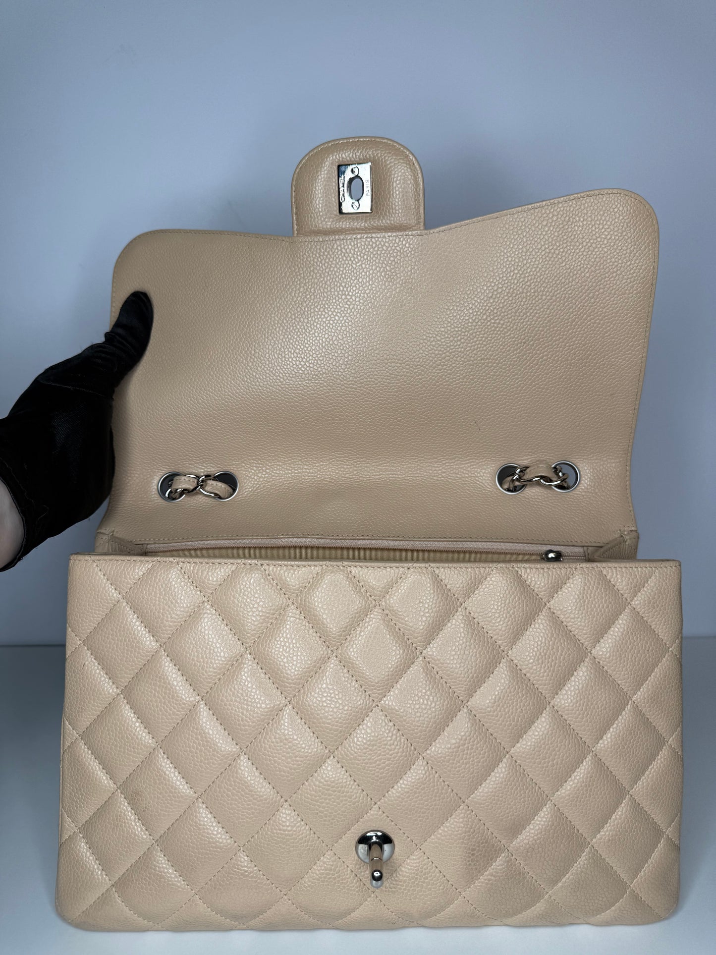 Chanel Jumbo Classic Single Flap Bag Beige Caviar Silver Hardware