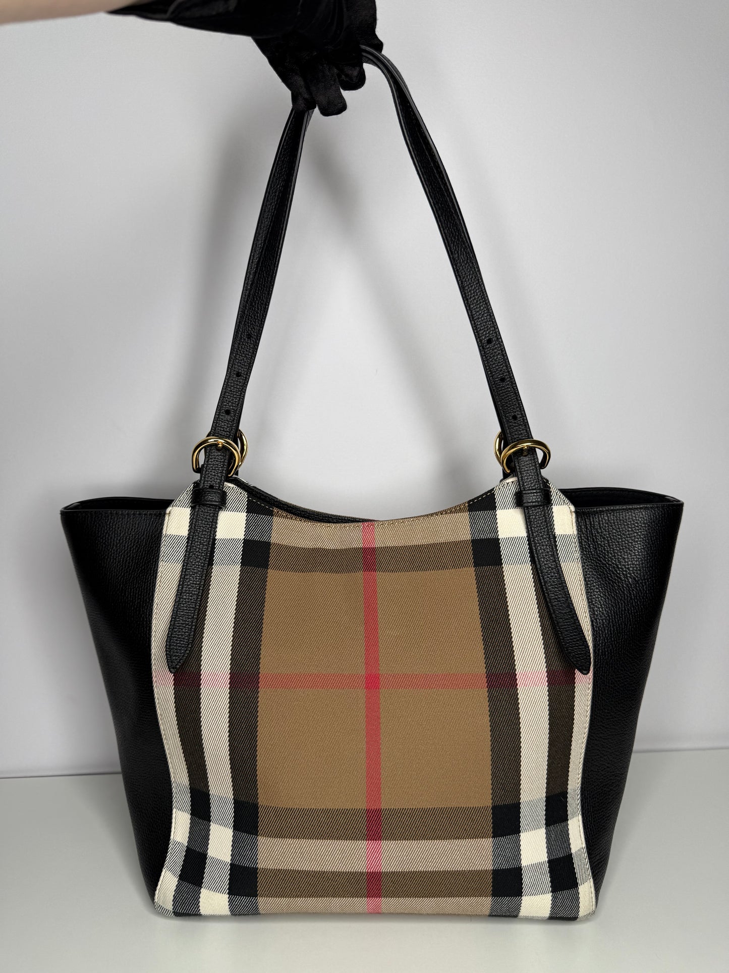 Burberry Black Leather and House Check Canvas Canterbury Tote Bag