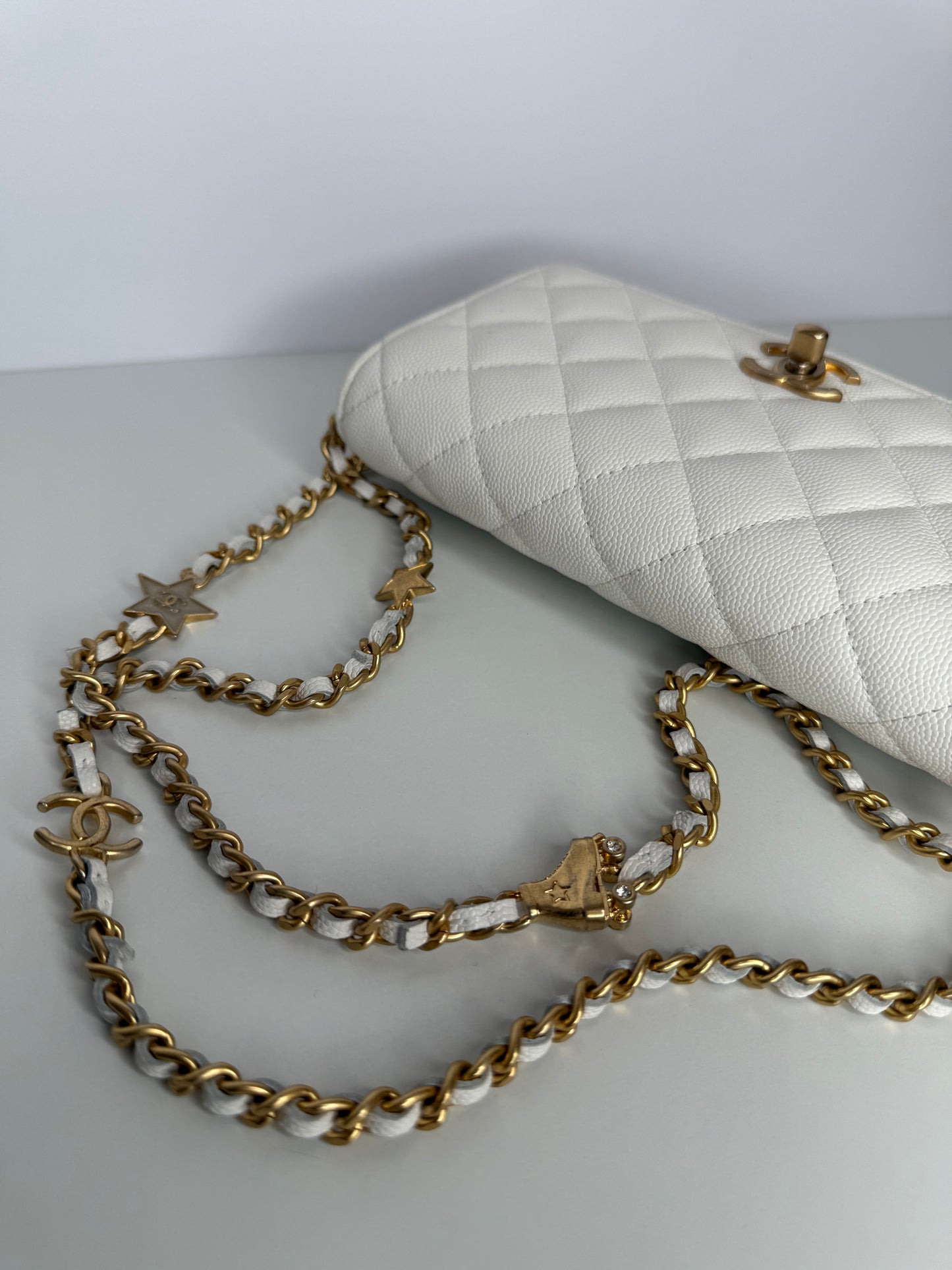 Chanel White Wallet on Chain Caviar Leather Charm Chain