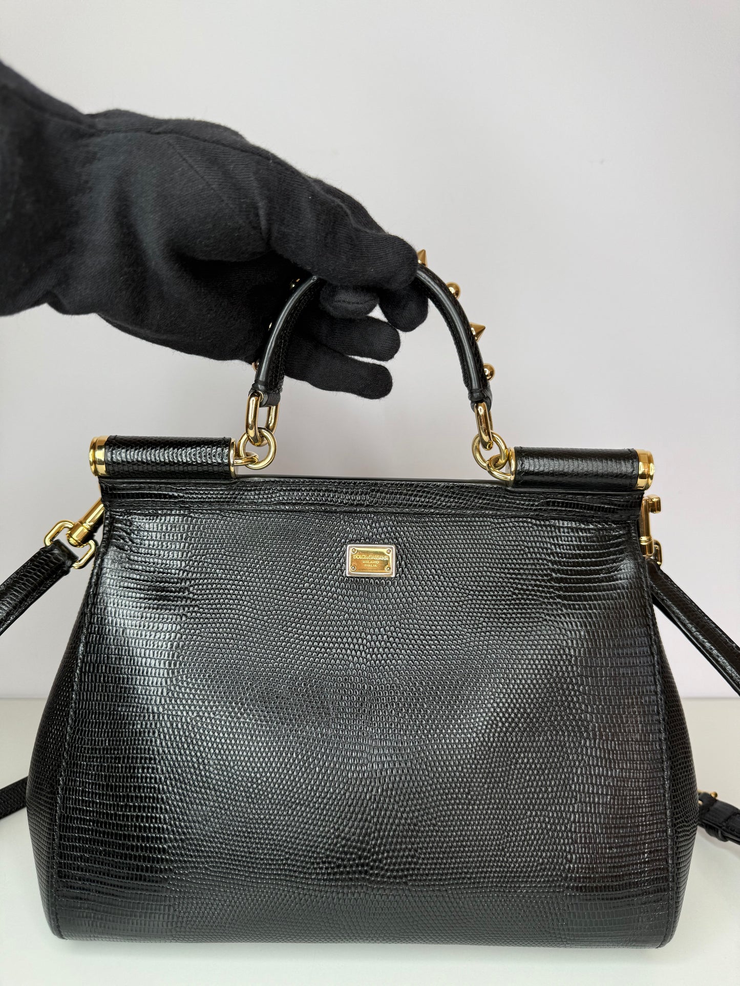Dolce Gabbana Medium Miss Sicily 'I am a Star' Embellished Lizard Embossed Handbag