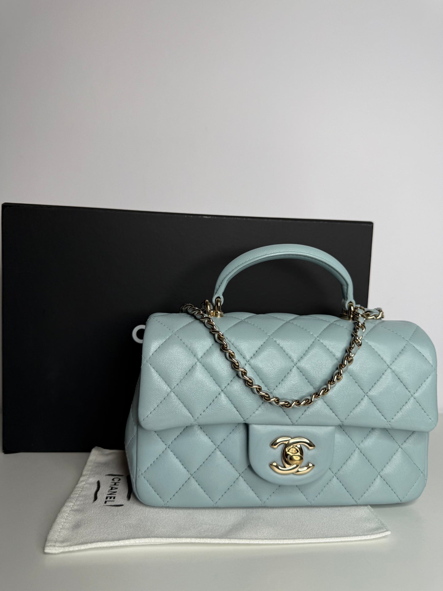 Chanel Lambskin Quilted Mini Top Handle Rectangular Flap Light Blue