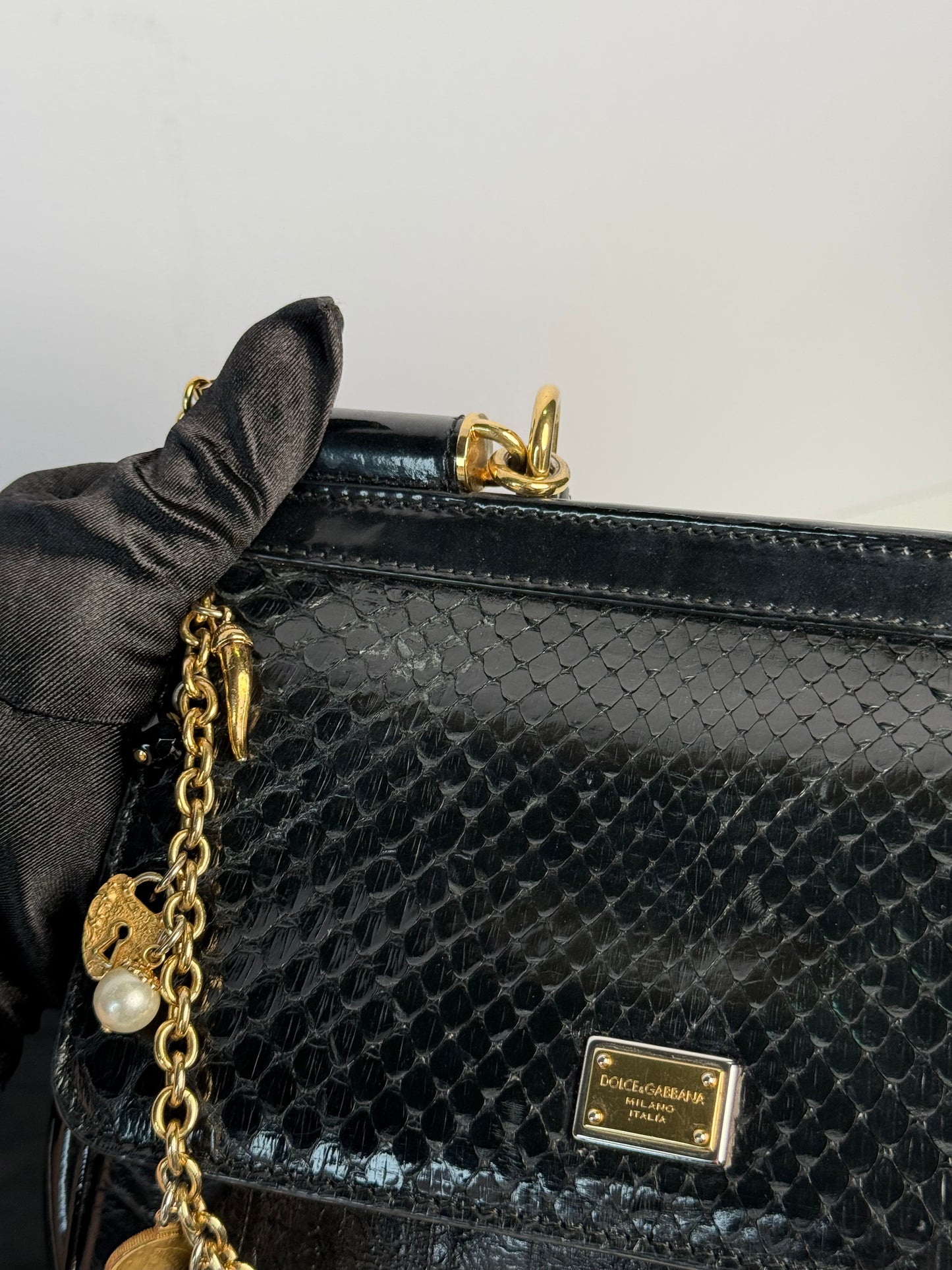 Dolce Gabbana Limited Edition Black Python/Eel Small Miss Sicily Bag