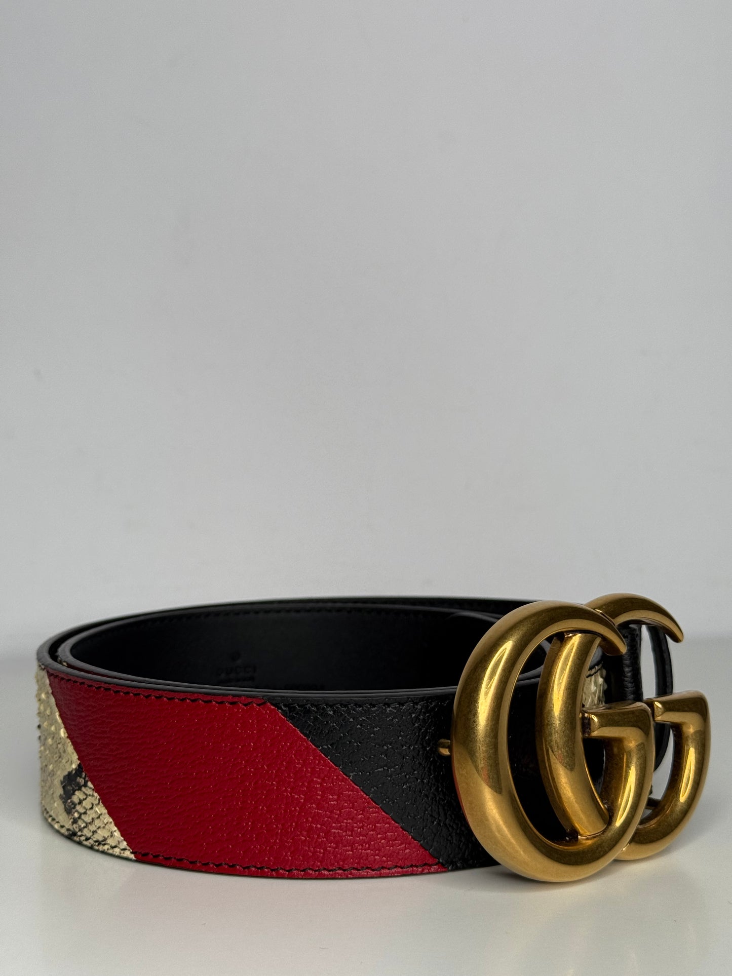 Gucci GG Marmont Black Leather Belt with Red/Beige Python Detail and Antique Gold Buckle