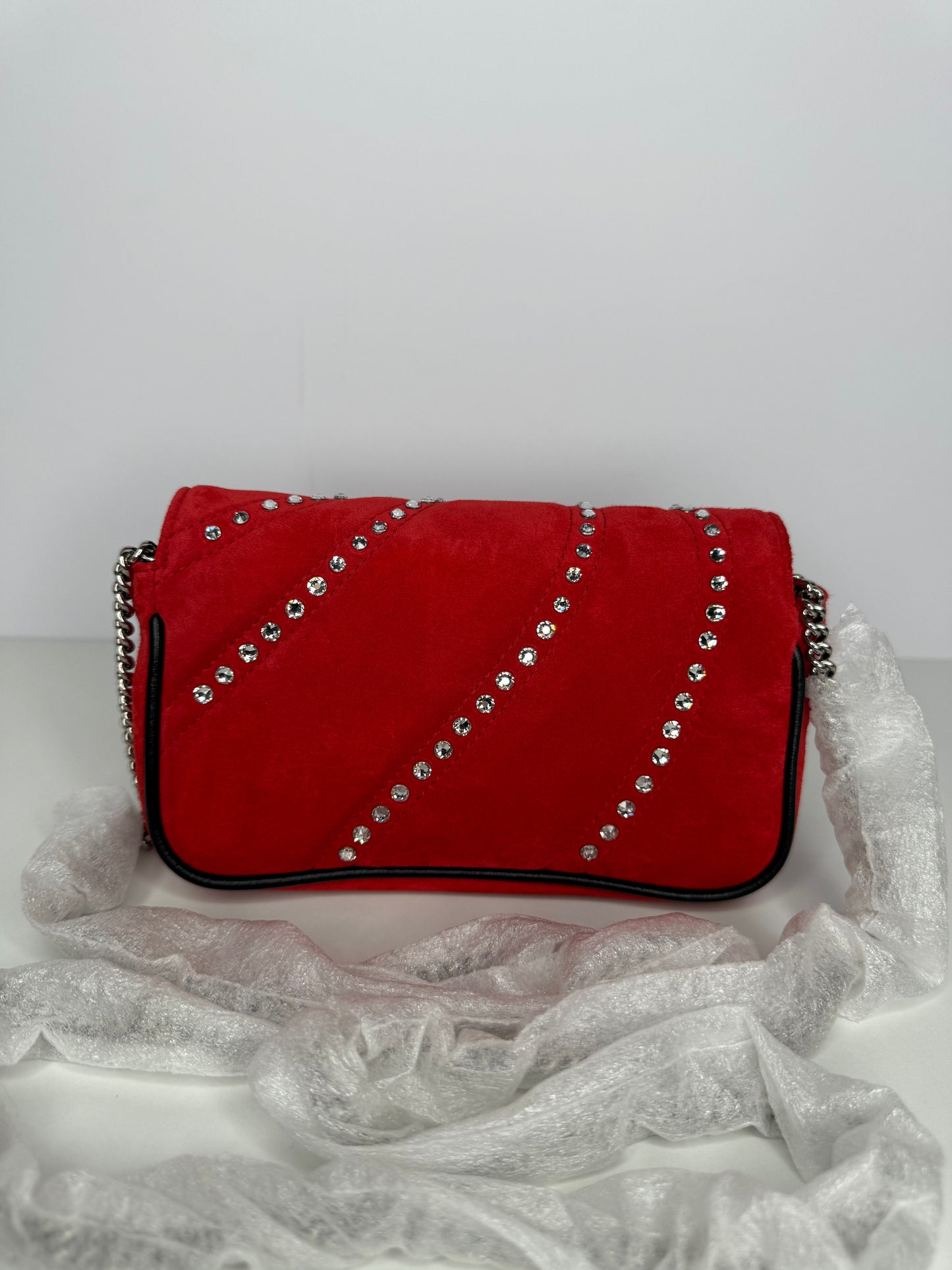 Gucci Limited Edition GG Marmont Super Mini Red Velvet Bag with Crystals