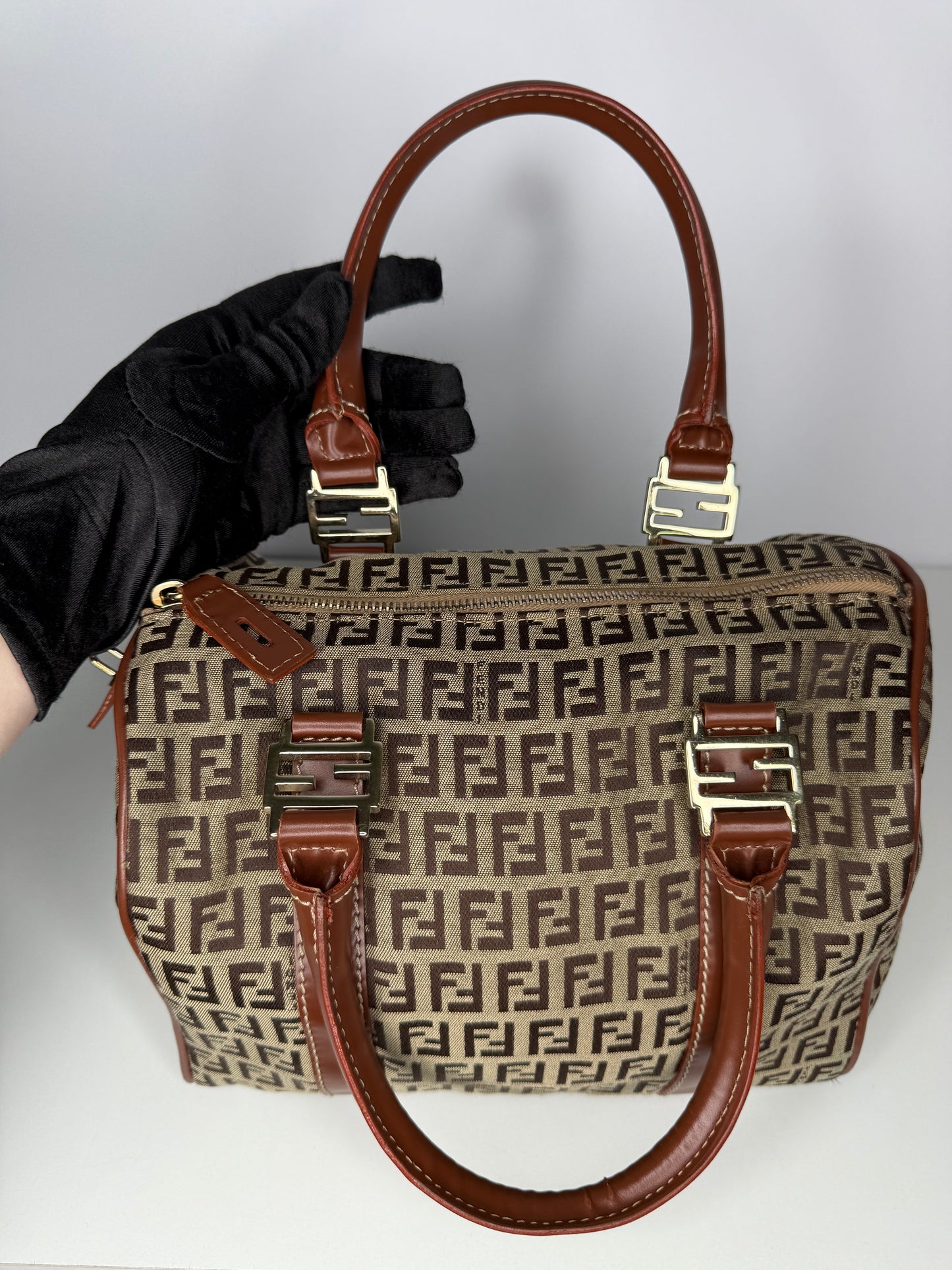 Fendi Brown Zucchino Canvas Boston Bag