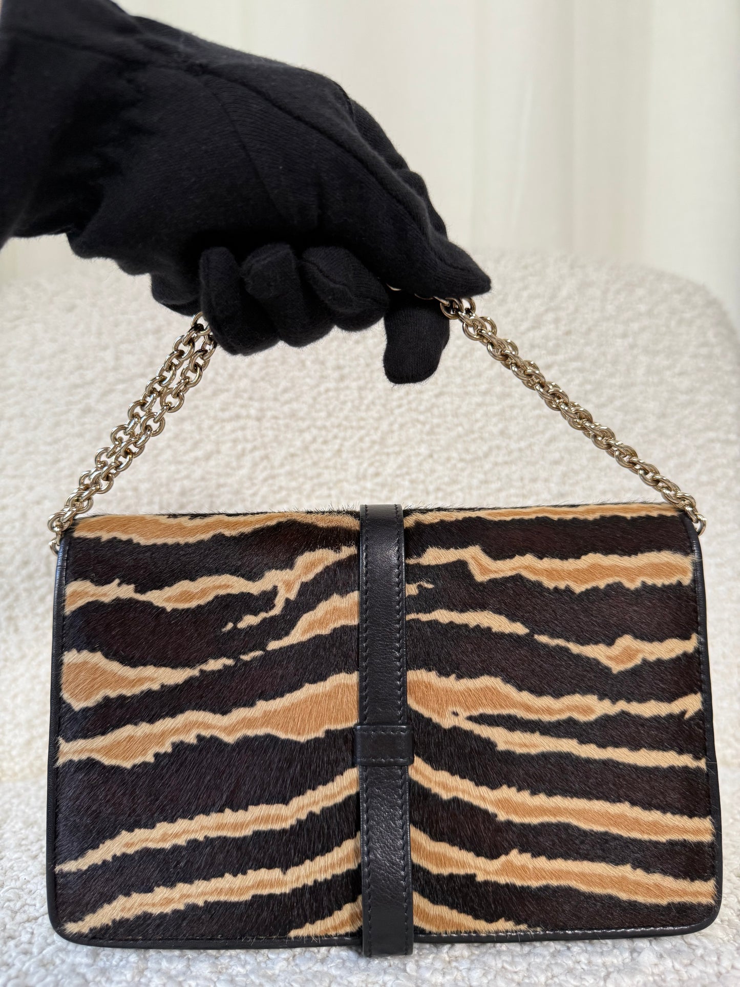 Gucci Zebra Broadway Piston Lock Chain Clutch Calf Hair