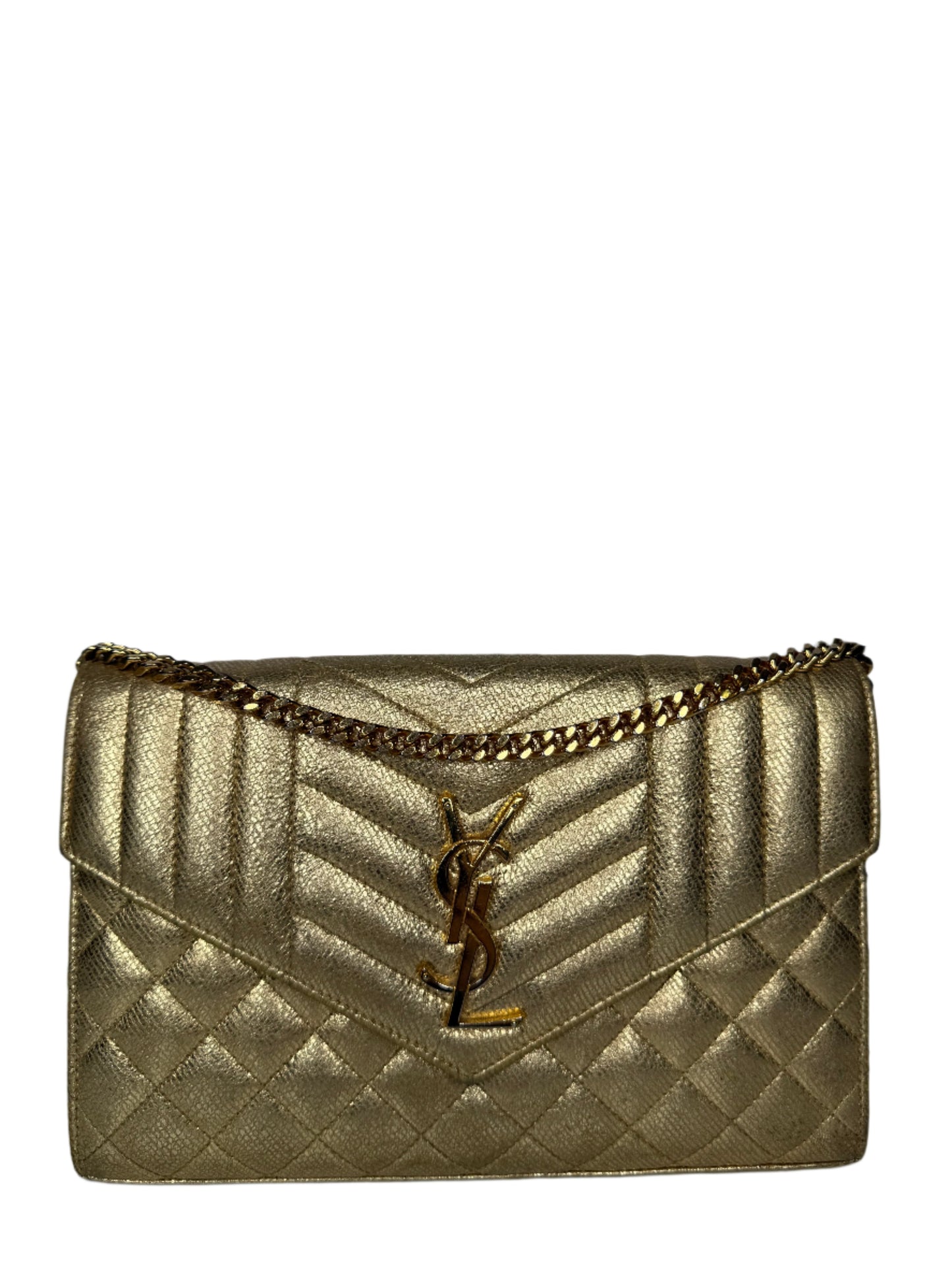 Saint Laurent Metallic Calfskin Tri-Quilt Monogram Envelope WOC Oro