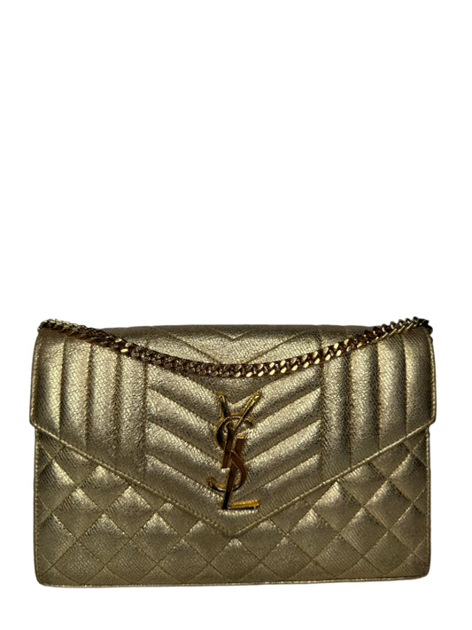 Saint Laurent Metallic Calfskin Tri-Quilt Monogram Envelope WOC Oro