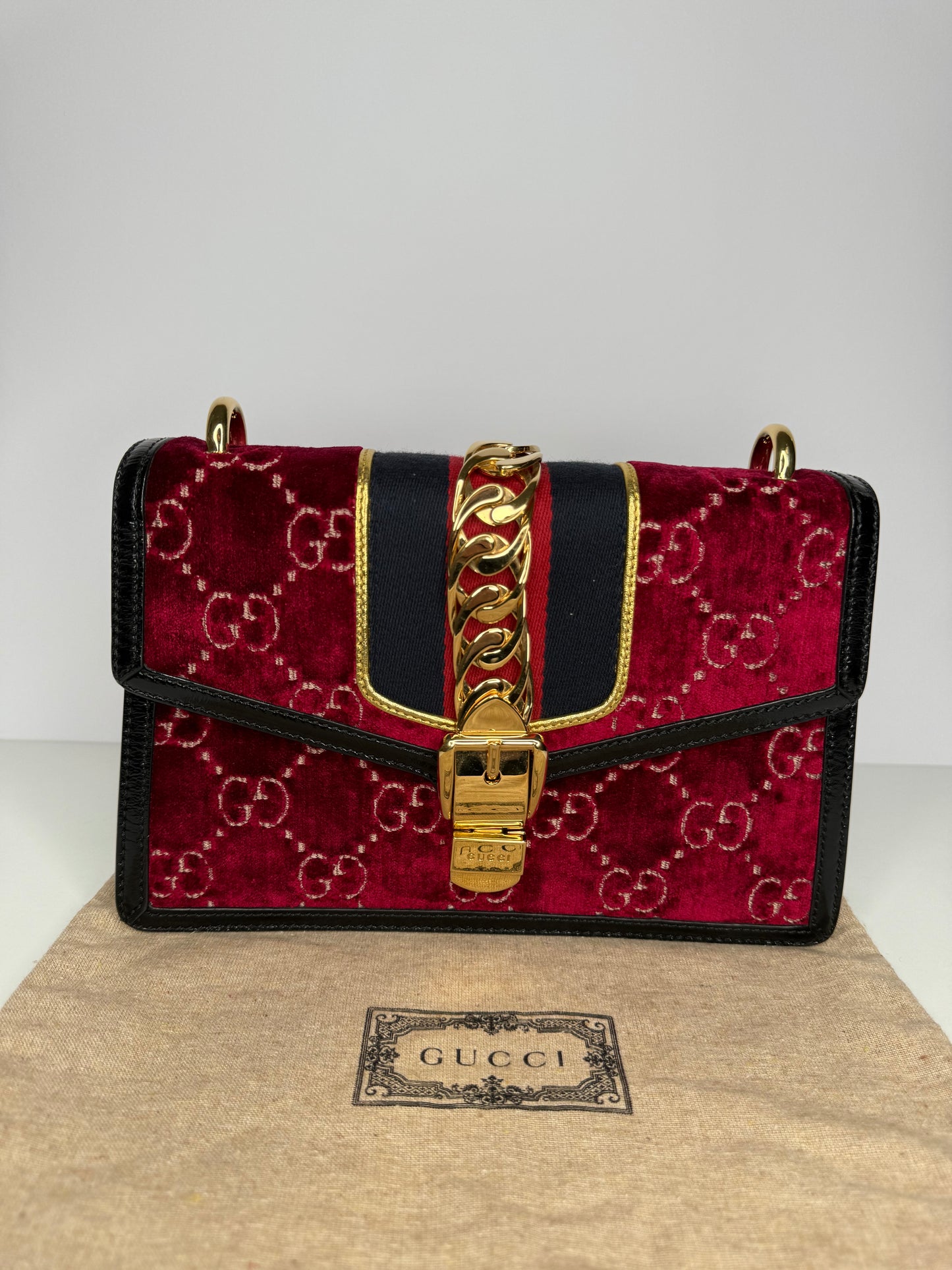 Gucci GG Velvet Small Sylvie Shoulder Bag Burgundy