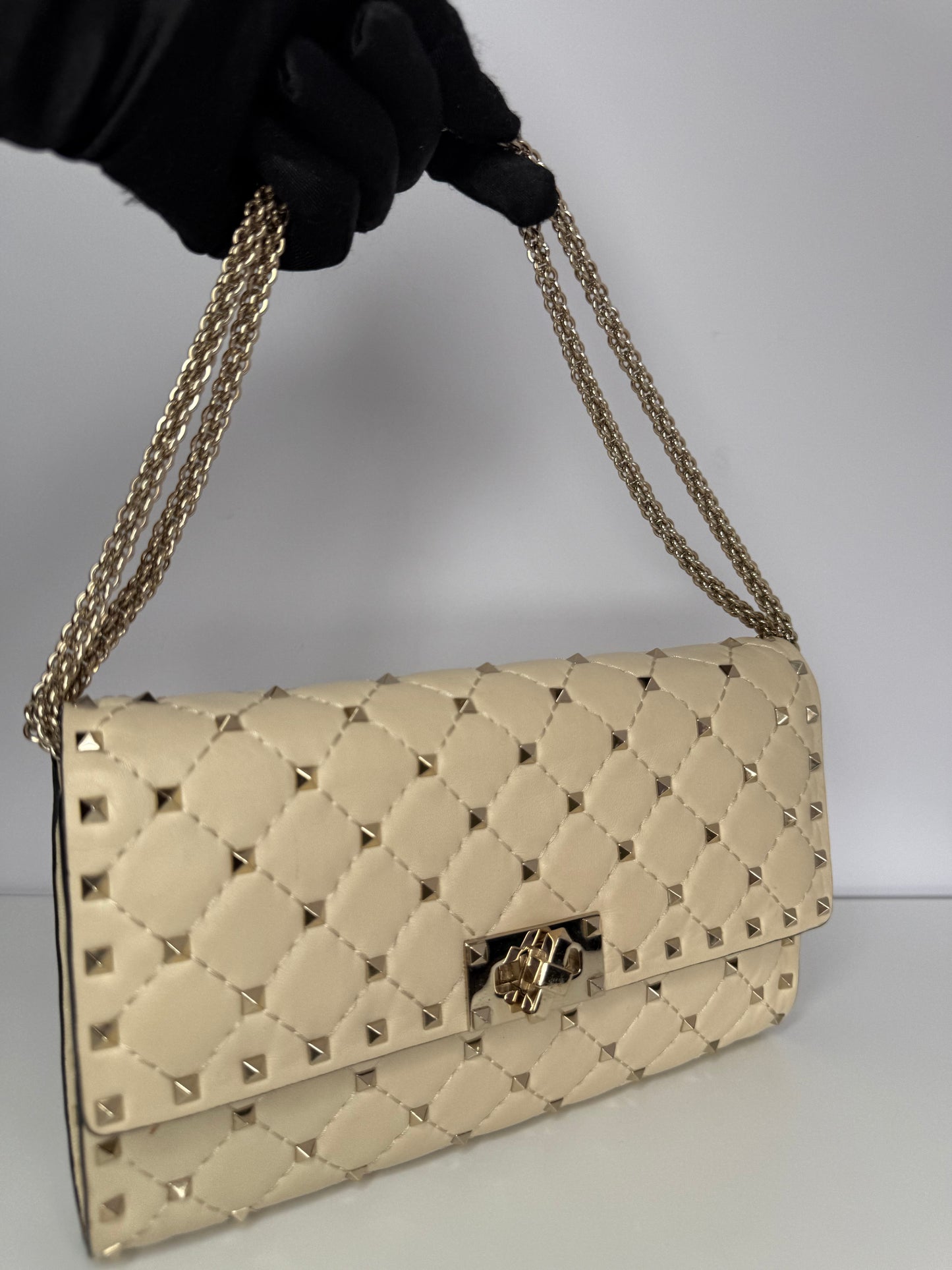 Valentino Ivory Leather Rockstud Spike Shoulder Flap Bag