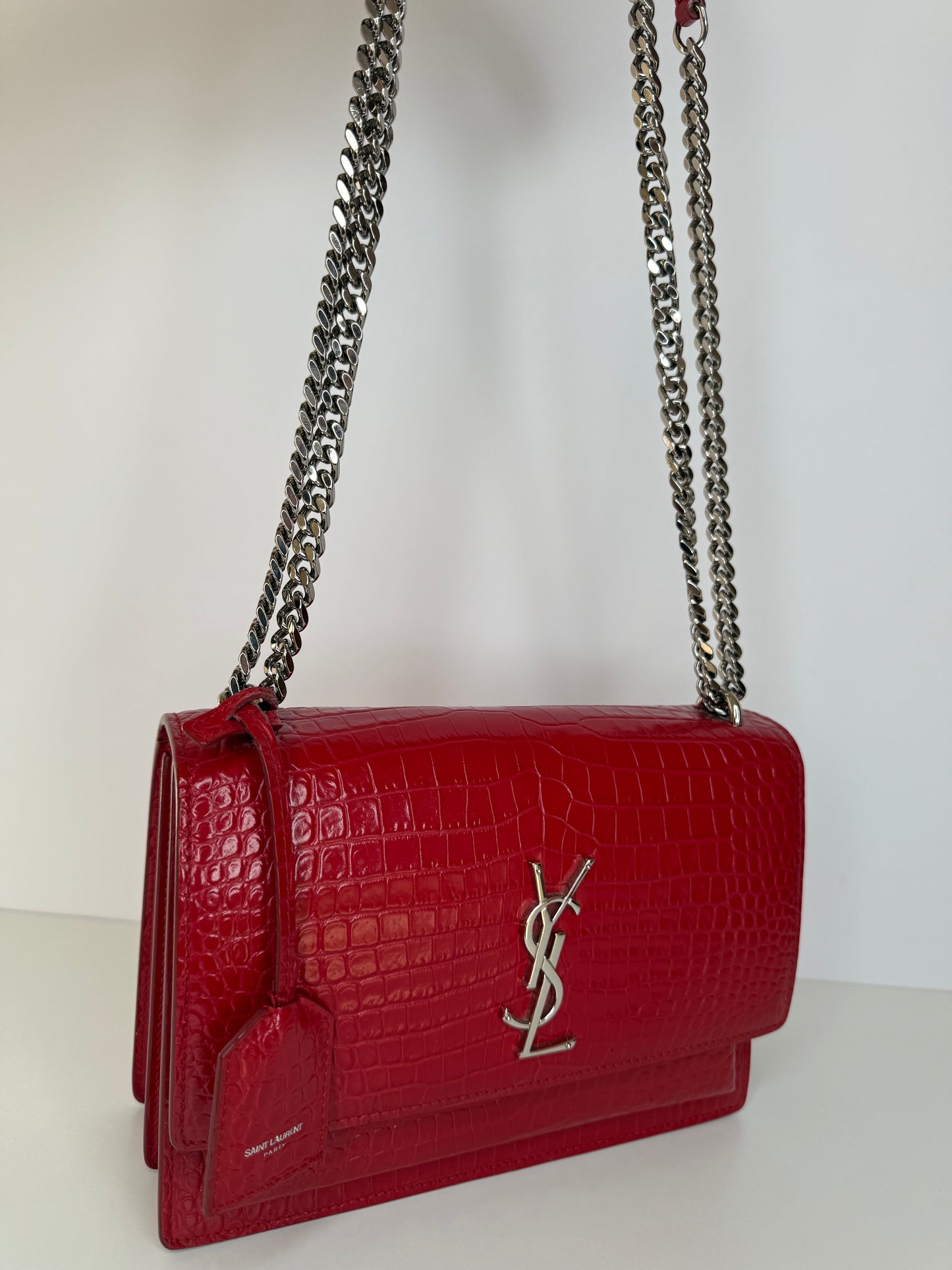 Saint Laurent Calfskin Crocodile Red Embossed Leather Medium Sunset