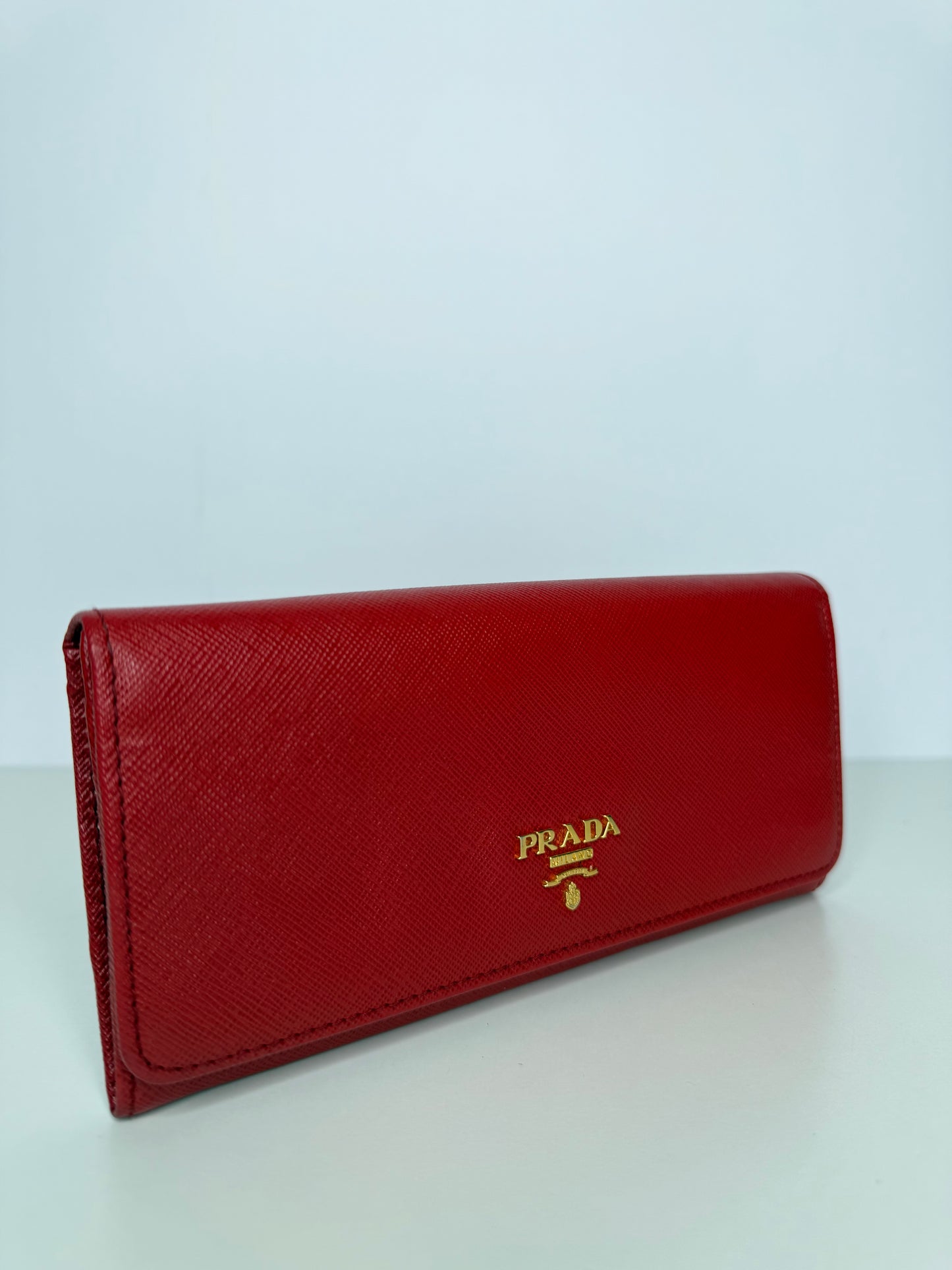 Prada Red Saffiano Metal Leather Logo Flap Continental Wallet