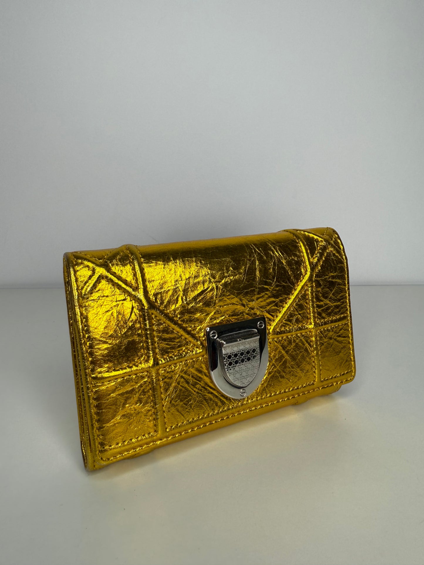 Christian Dior Yellow Gold Grained Leather Diorama Medium Flap Bag with Wallet