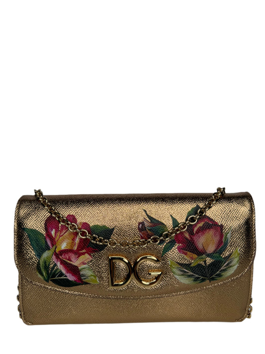 Dolce Gabbana Gold Floral Print Leather DG Logo Chain Clutch