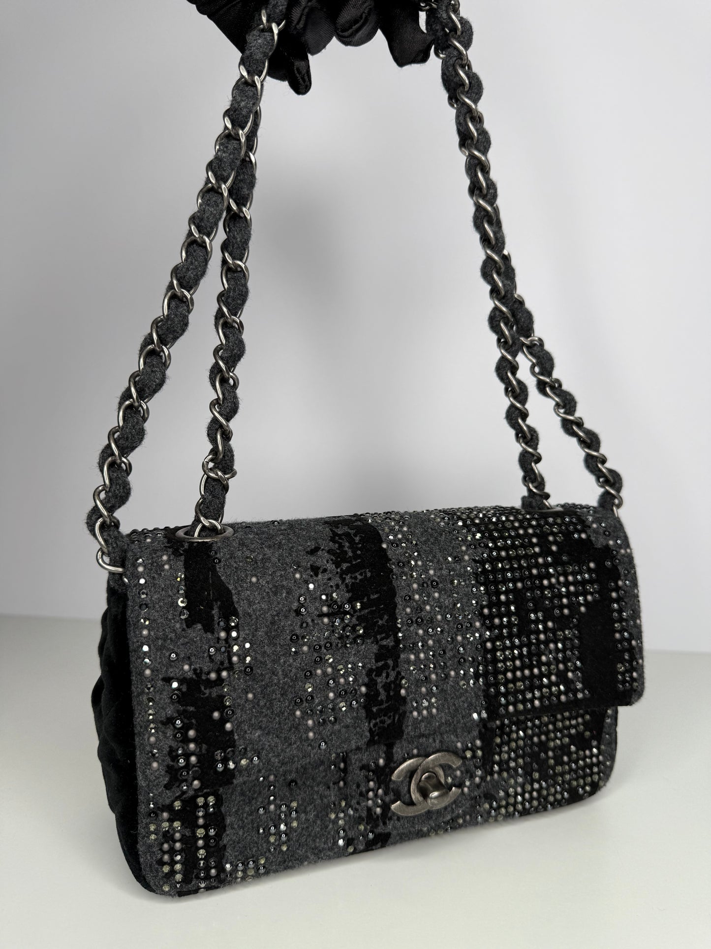 Chanel Black/Grey Felt/Velvet and Strass Mini Flap Ruthenium Hardware