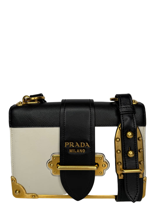 Prada Black/White Saffiano Leather Cahier Flap Shoulder Bag