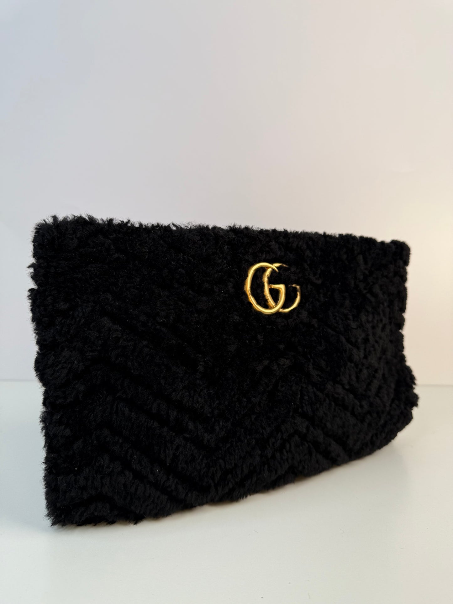 Gucci Black Shearling GG Zip Pouch Black