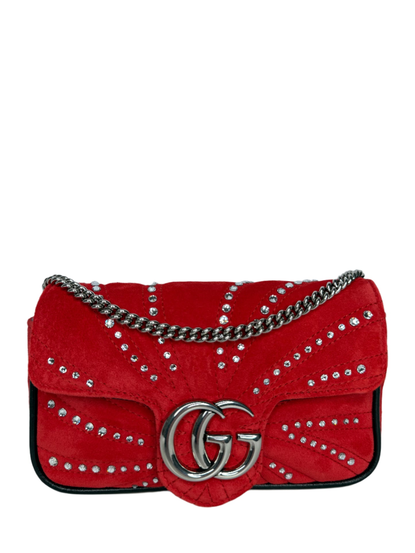 Gucci Limited Edition GG Marmont Super Mini Red Velvet Bag with Crystals