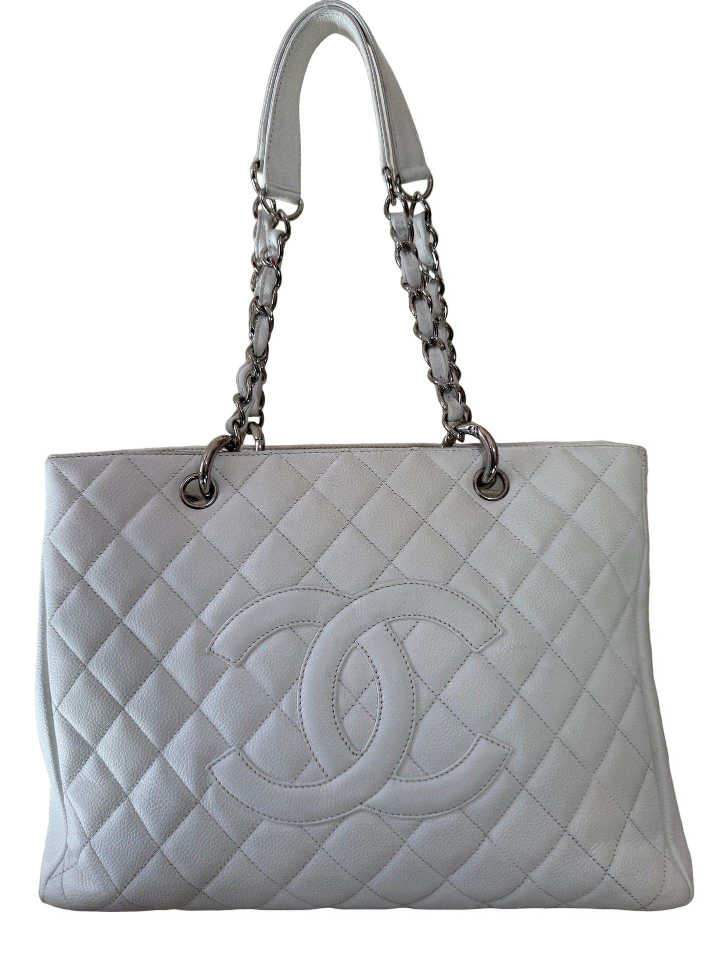 Chanel White Quilted Caviar Leather Grand Shopping Tote