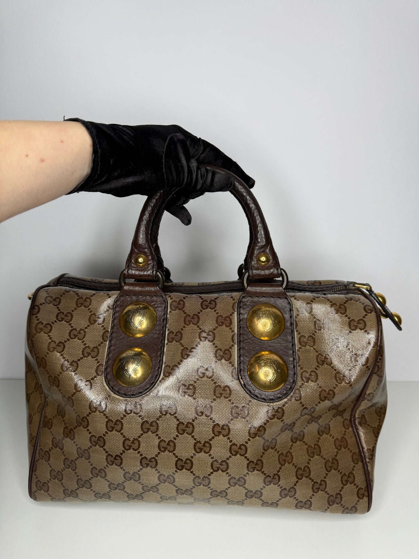 Gucci Beige/Ebony GG Crystal Coated Canvas Babouska Boston Bag