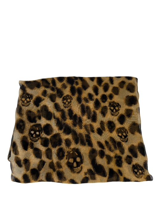 Alexander McQueen Silk Chiffon Leopard Skull Scarf Brown