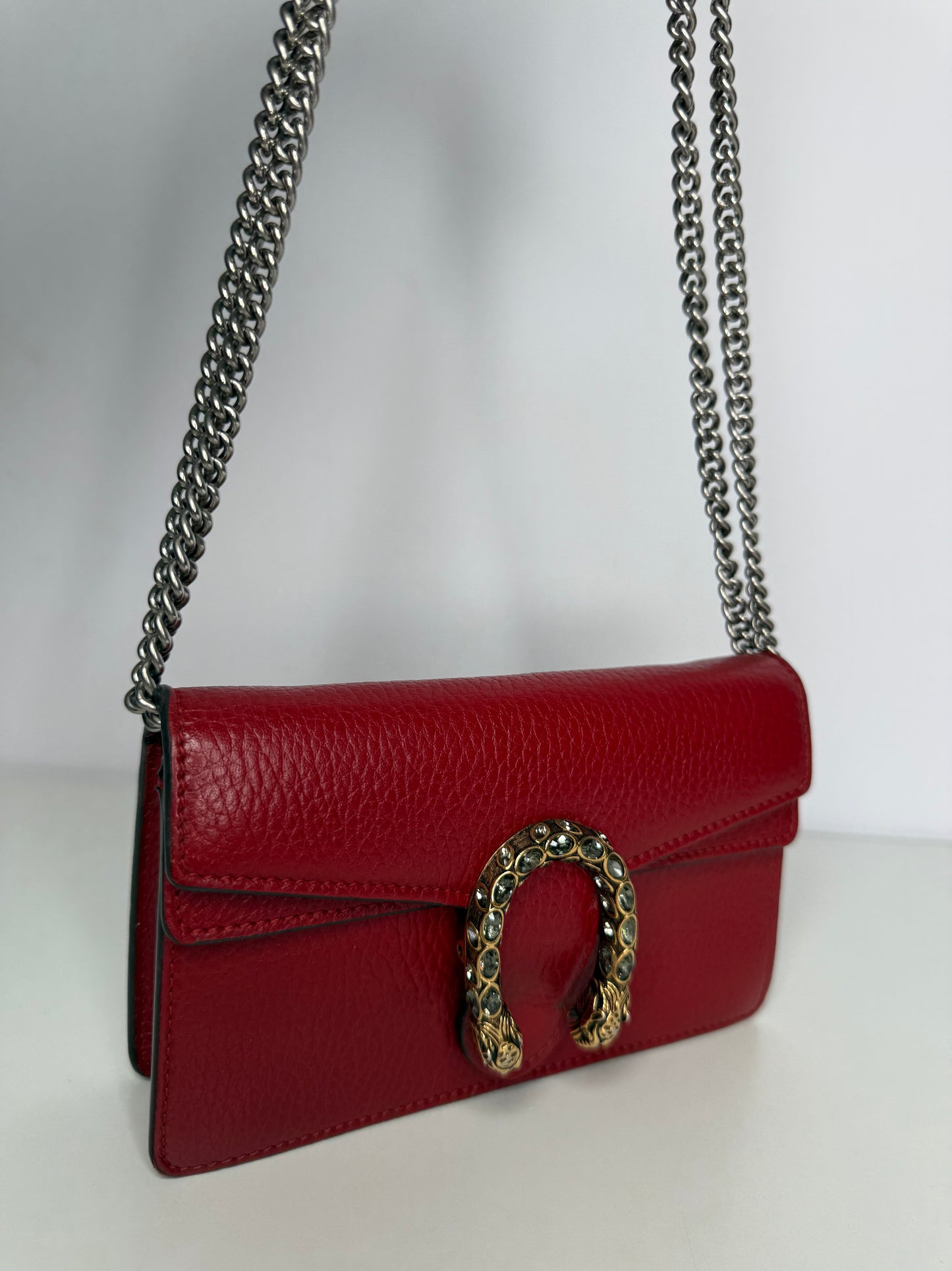 Gucci Crystal Super Mini Dionysus Red Leather Wallet on Chain