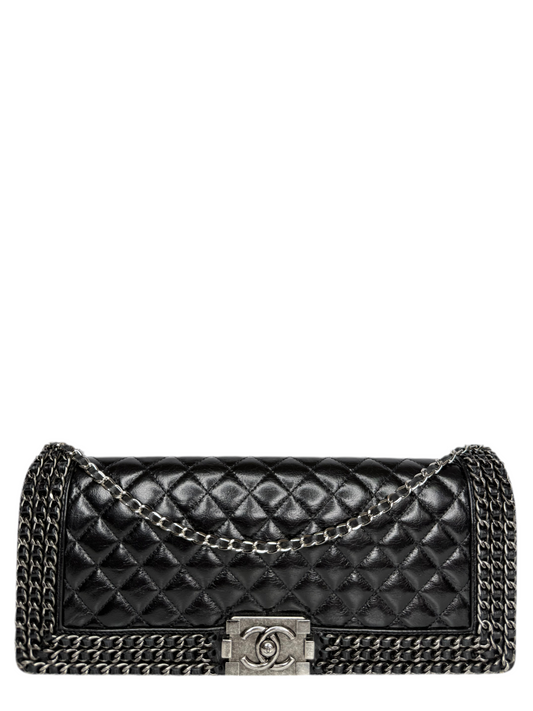 Chanel Limited Edition Black Glazed Calfskin Triple Chain Around Le Boy Flap Bag