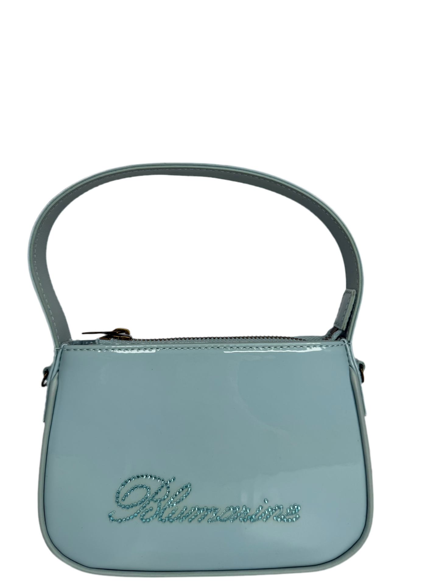Blumarine Light Blue Patent Leather Crystal‑Logo Shoulder Bag