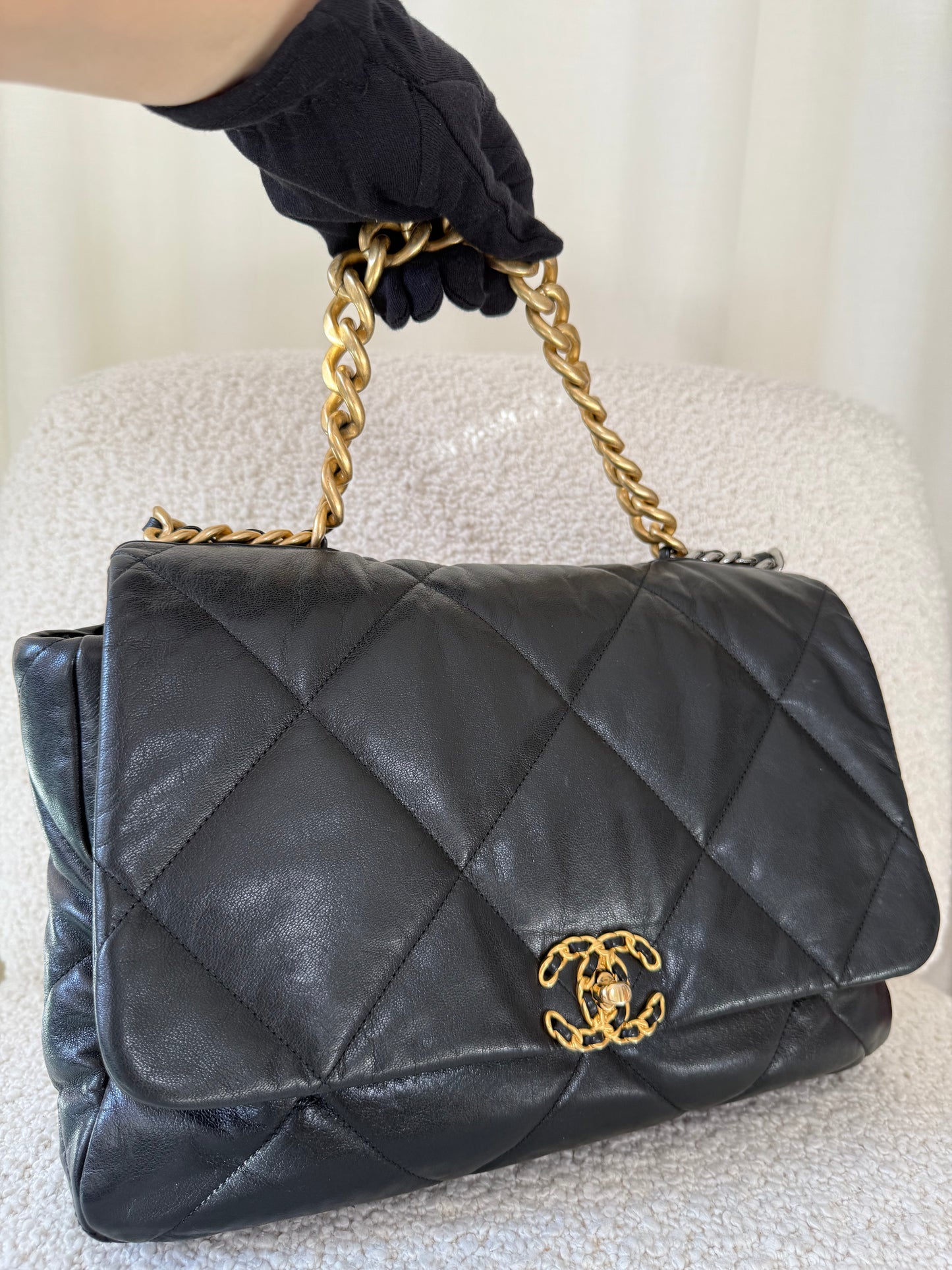 Chanel 19 Maxi Black Goatskin Quilted Leather Flap Bag