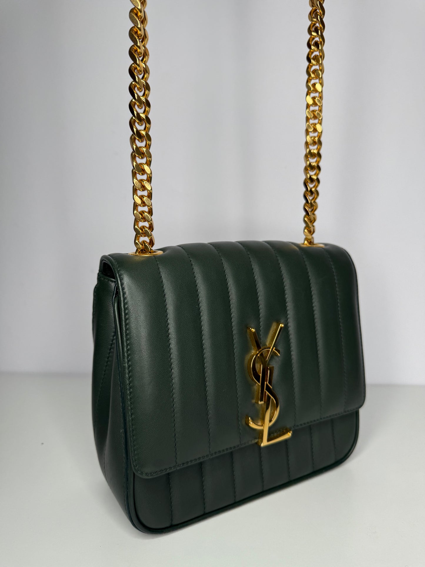 Saint Laurent Vicky Medium Crossbody Bag in Dark Green Vertical Quilted Leather